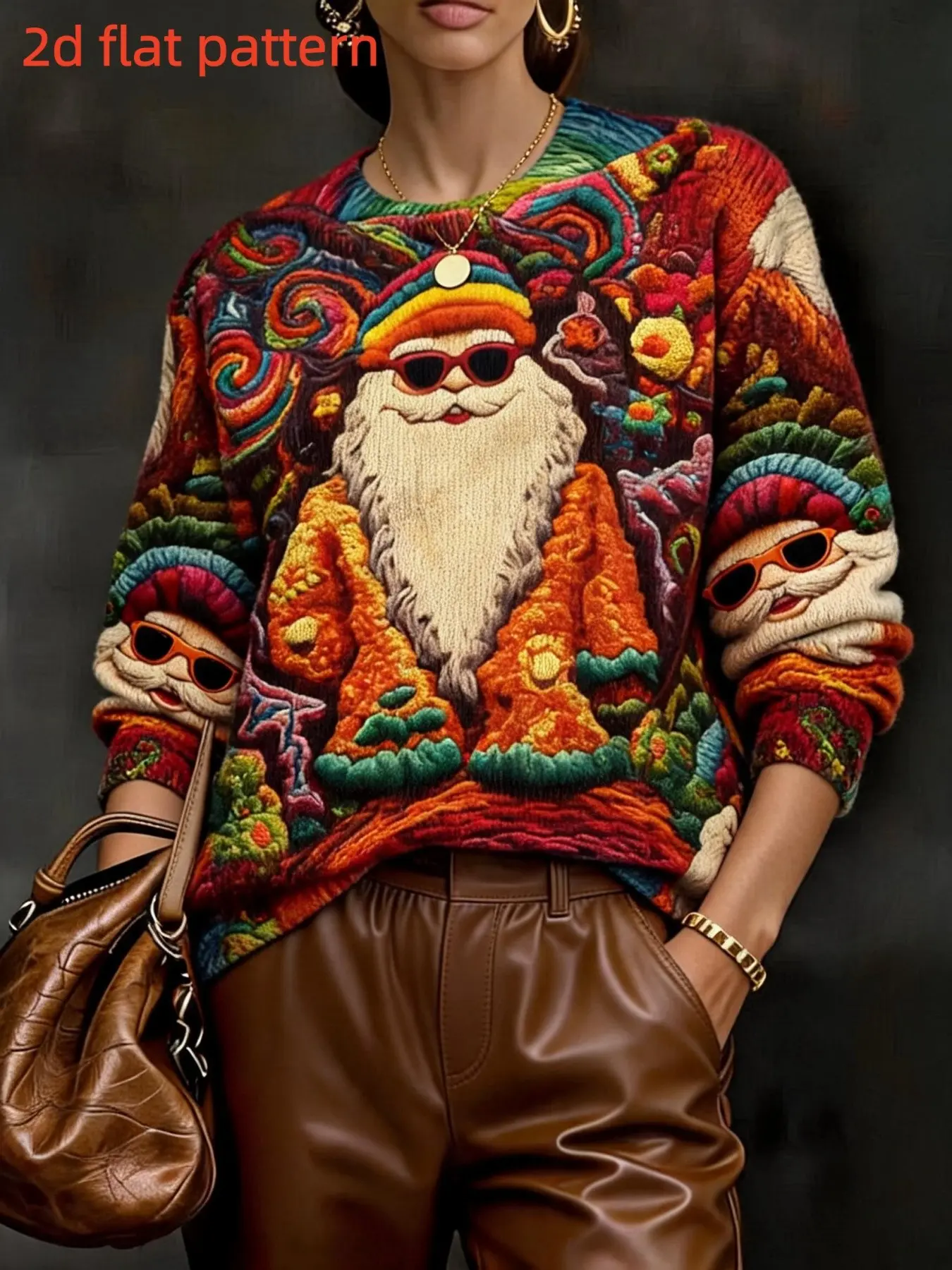 Women's Long Sleeve Knit Sweater, Christmas Santa Pattern, Elegant Slim-Fitting, Fall & Winter Fashion, All over Print, Round Neck