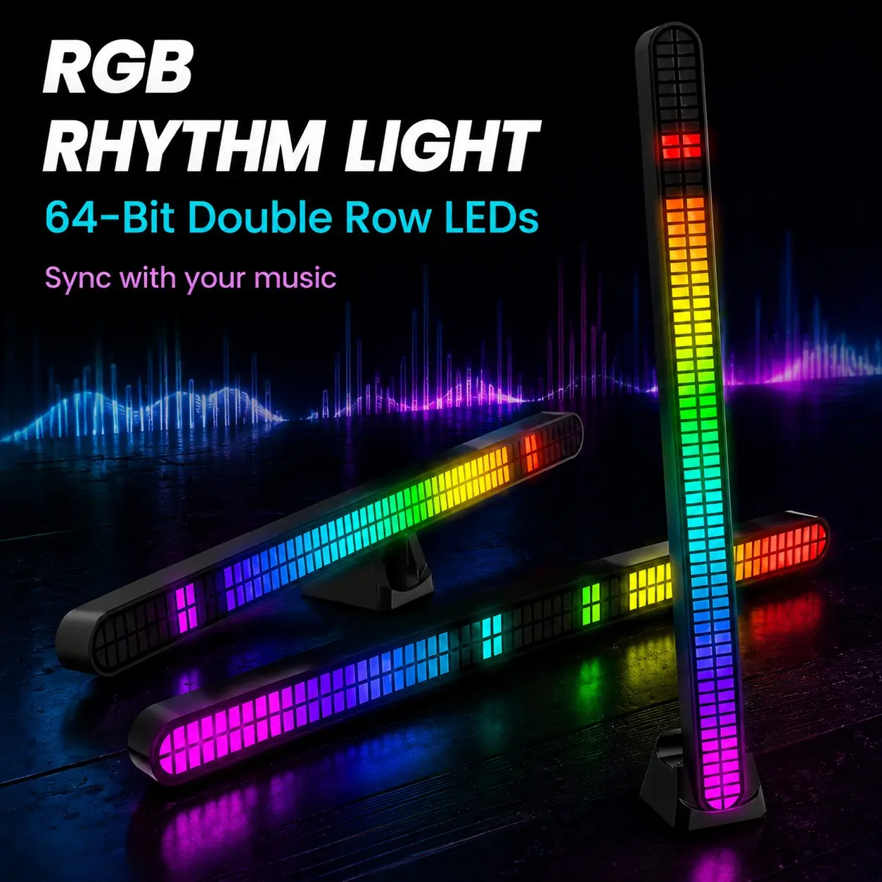RGB Sound Activated Pickup Light, Music Sync LED Rhythm Bar, 32 Bit Colorful Atmosphere Light Strip for Car Gaming Desktop Bedroom Decoration, Rechargeable Voice Control Light