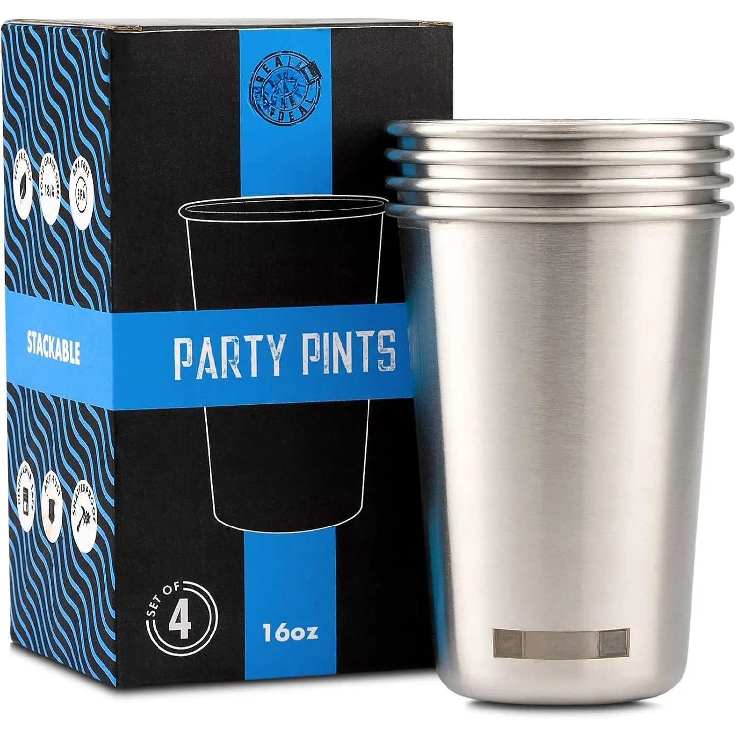 Stainless  16 oz Pint Cups Stackable Single Wall Tumblers,   Metal Drinking Glasses (Stainless )