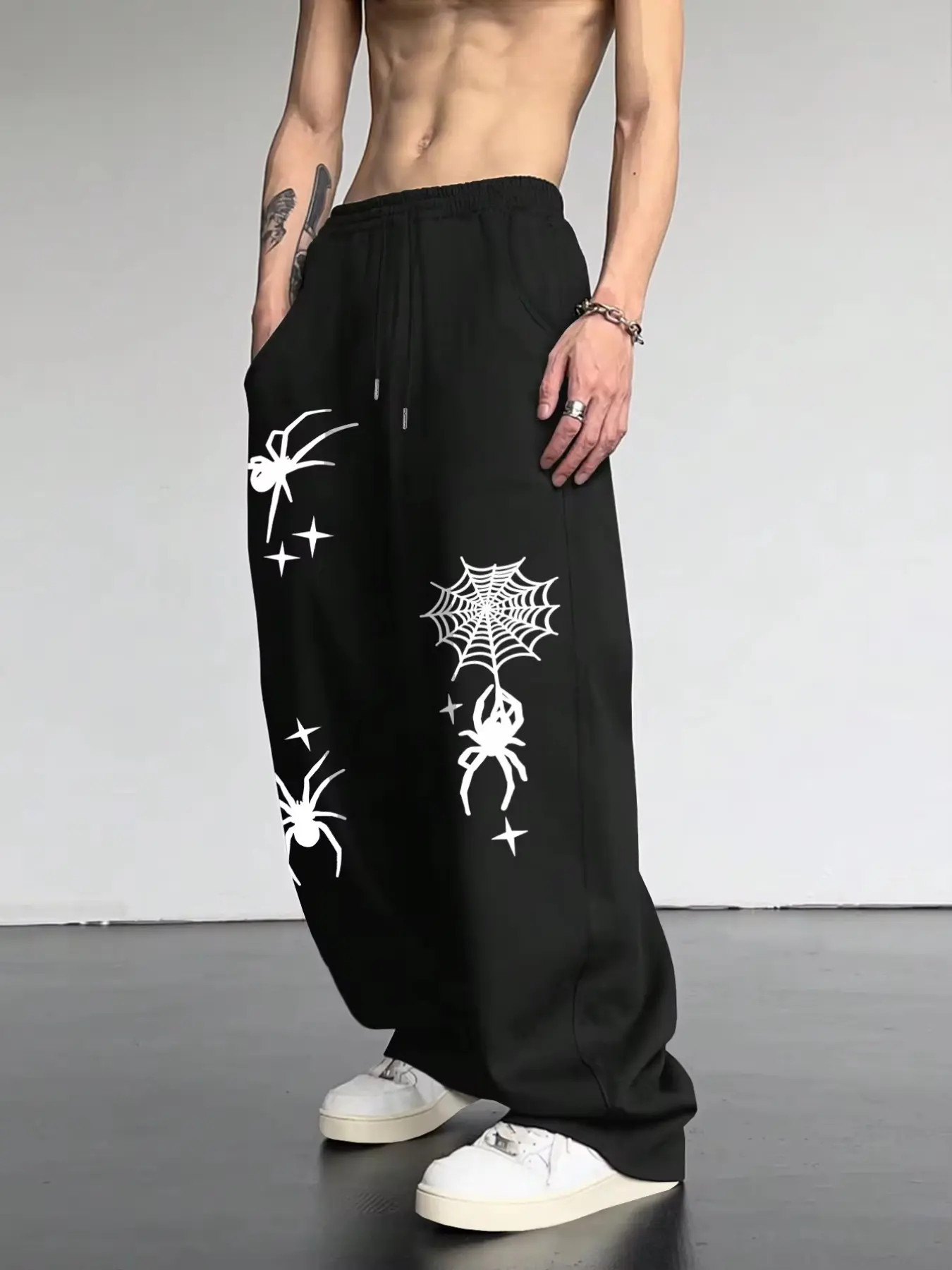 Elastic Drawstring Waist Wide Leg Sweatpants, Spider And Spiderweb Star Graphic Print Baggy Casual Trousers, Loose Streetwear Jogger Pants, Y2K Dark Gothic Streetwear Pants For Men Trendy Daily Retro Hip Hop Goth Street Fashion Outfit
