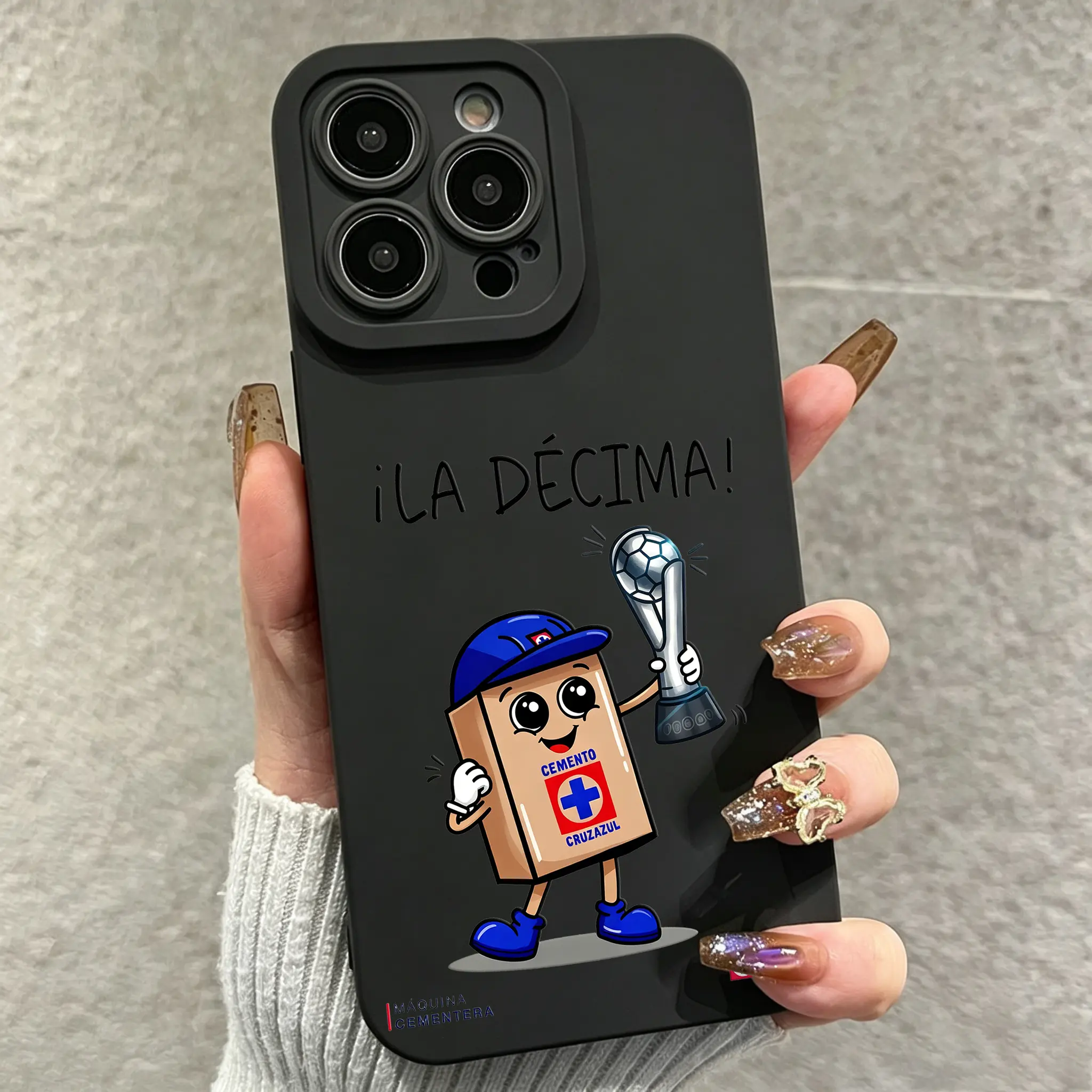 Black Matte Case Cruz Azul Cartoon Trophy Print Compatible with iPhone 17 ProMax / 16 ProMax / 15 ProMax / 14 ProMax / 13 ProMax and Samsung Galaxy S26 Ultra / S25 Ultra / S24 Ultra / S23 Ultra / S22 Ultra