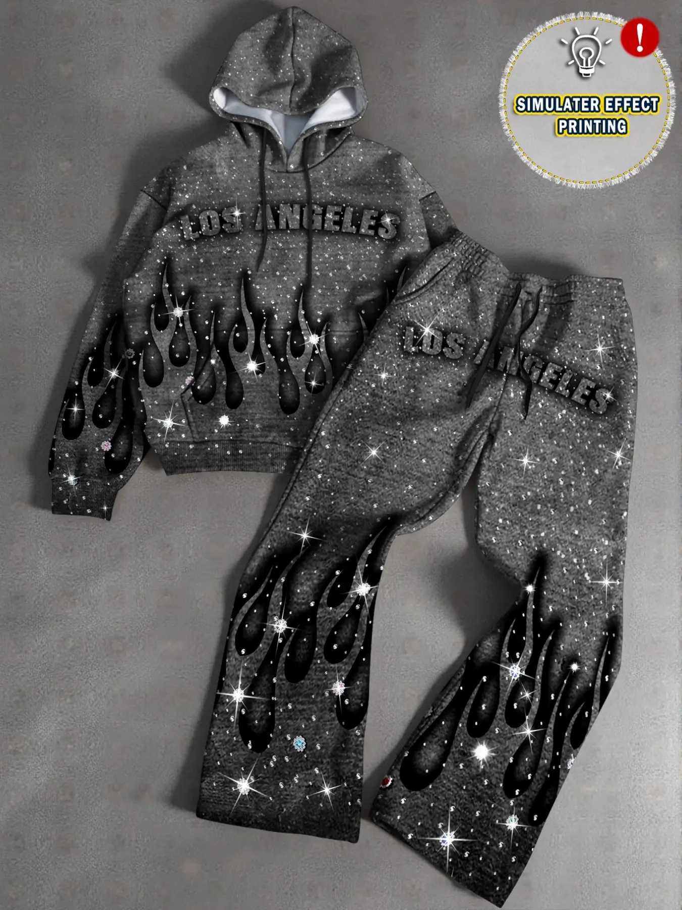 Men's Two-Piece Sports Set, Los Angeles Flame Rhinestone Print Hoodie Sweatpants, Casual Streetwear, Fall & Winter