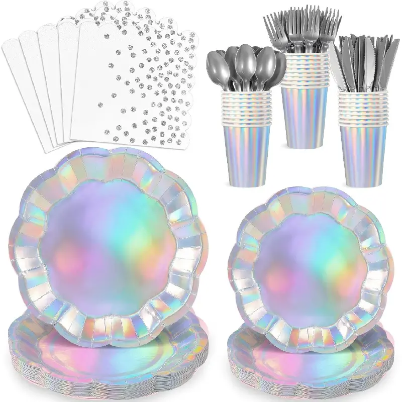 175 Pcs Iridescent Plates and Napkins Set, 25 Guest Iridescent Party Supplies Include Scalloped Plate Napkin Cup Forks Knives Disposable Plastic Cutlery for Birthda Bridal Wedding Disco
