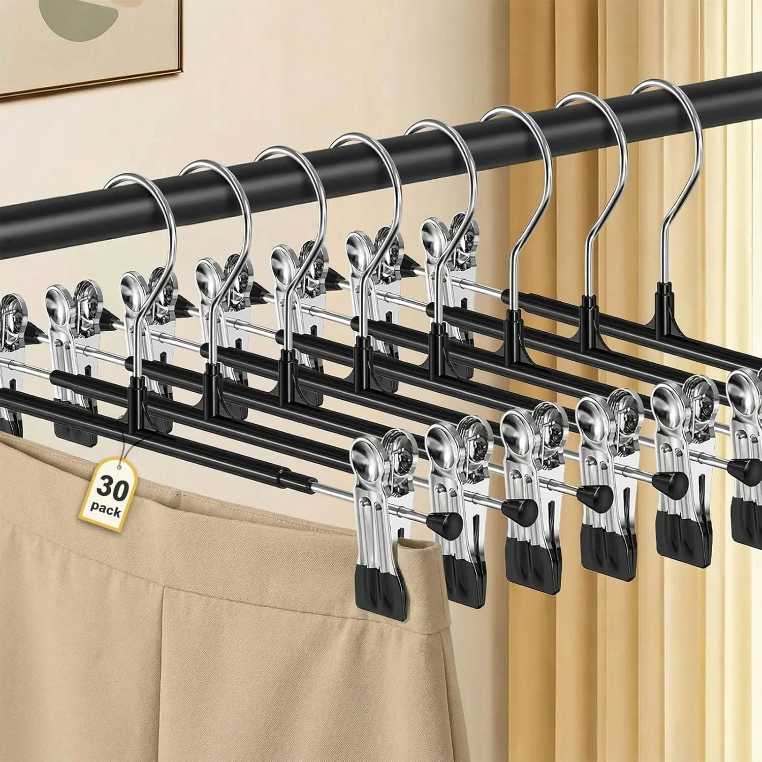 Pants Hangers with Clips for Women 30 Pack, 12Inch Adjustable Heavy Duty Skirt Hangers, Space Saving Non-Slip Shorts Jeans Trousers Clothes Hangers, Black