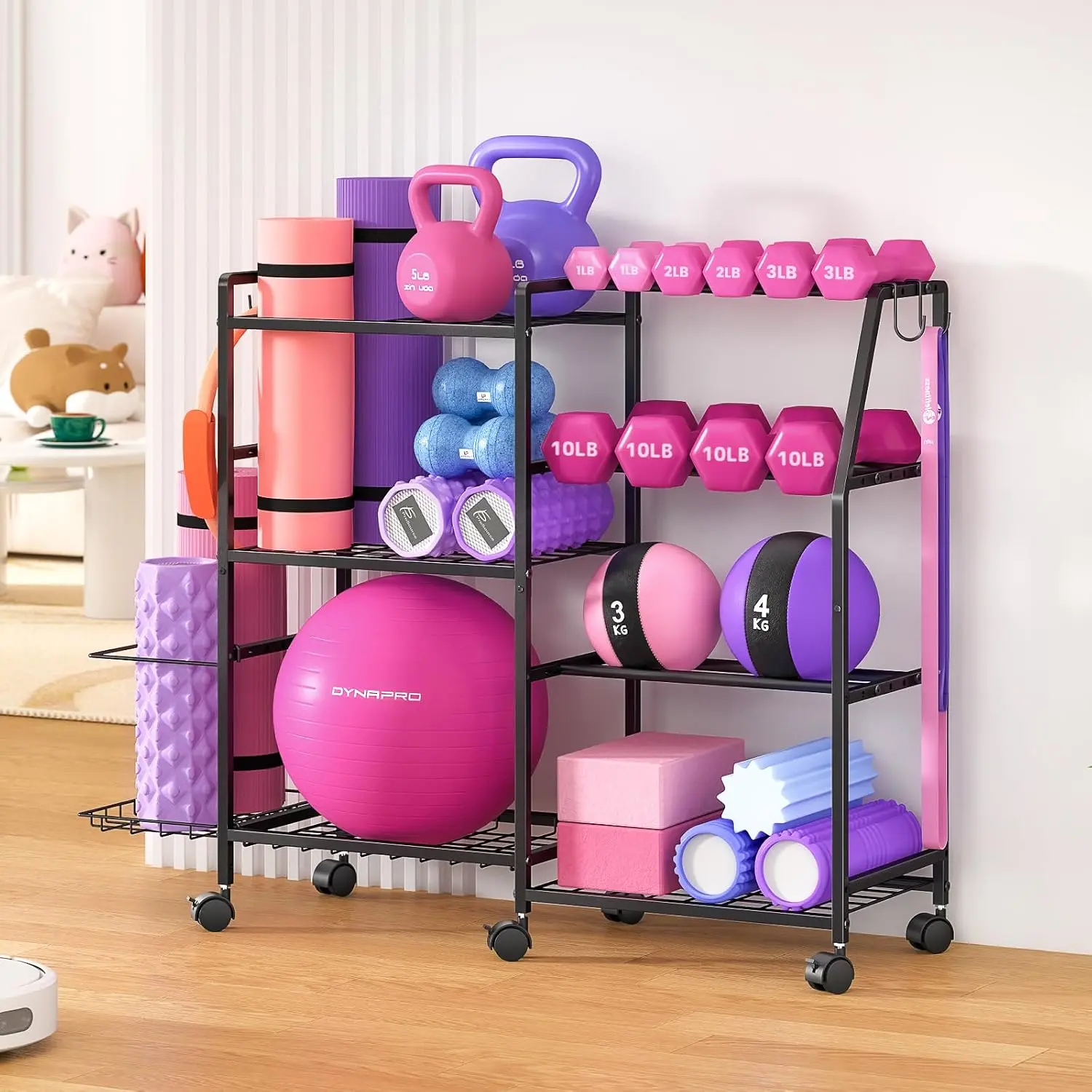 Dumbbell Rack, Weight Rack for  Gym, Yoga Mat Storage Rack, Exercise Equipment Storage with Wheels and Hooks,  Gym Equipment Organizer for Kettlebells