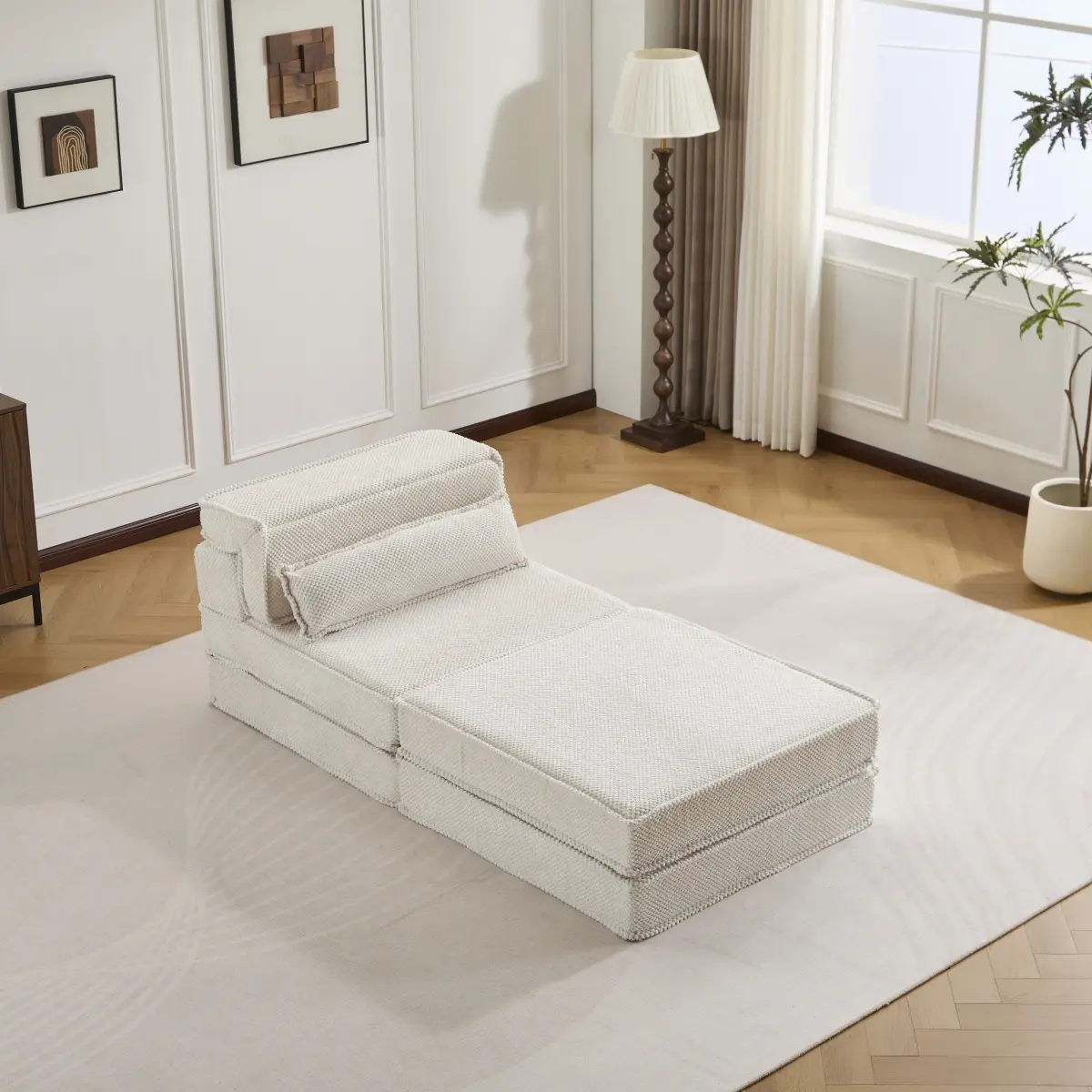Compression Mahjong Sofa,Convertible Floor Sofa Bed,DIY Boneless Modular Sectional Sofa,No Assembly Required,Circle fleece fabric,Oversized Single Seater with 1 Pillow and 1 Ottoman,White