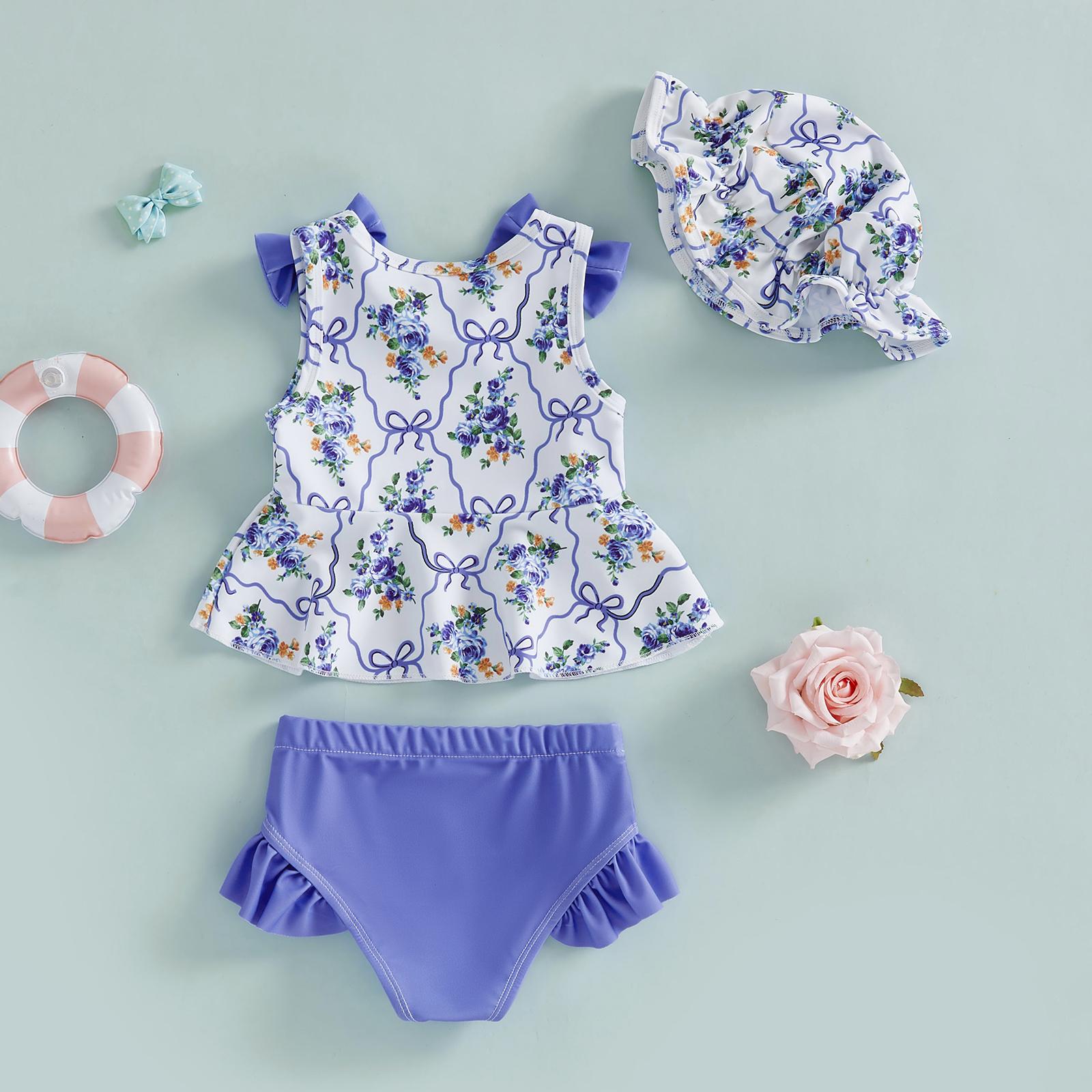 Toddler Baby Girls Swimsuit with Hat Sleeveless Floral Print Bikini Sets Summer Beach 3 Piece Swimwear Bathing Suit