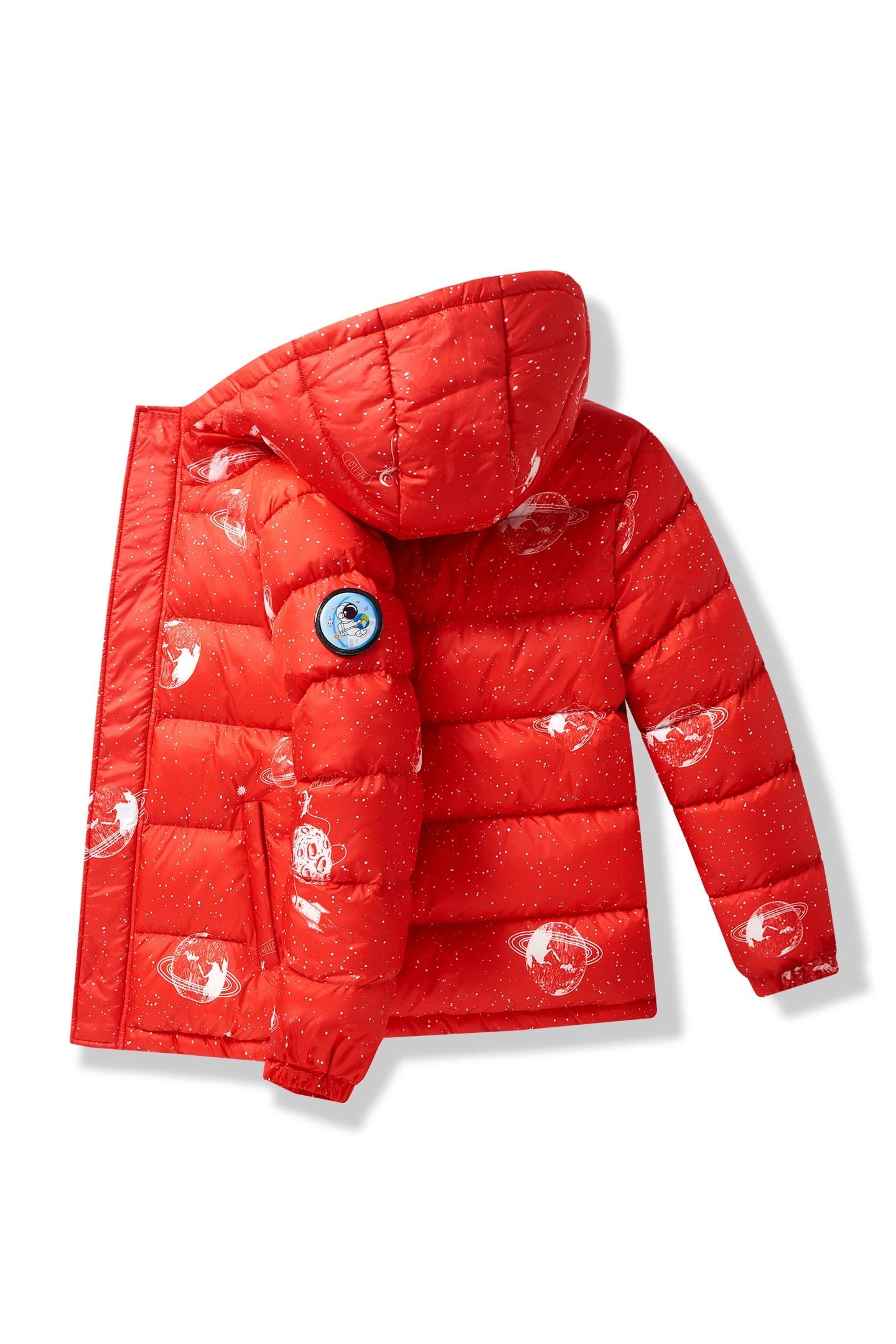 (New)Boys' Winter Hooded Jacket - Thickened Warm Coat with Zipper Closure, Red & Casual Outerwear, Polyester, Regular Fit for Cold Weather, Winter Coat for Boys, Durable Kids' Clothing