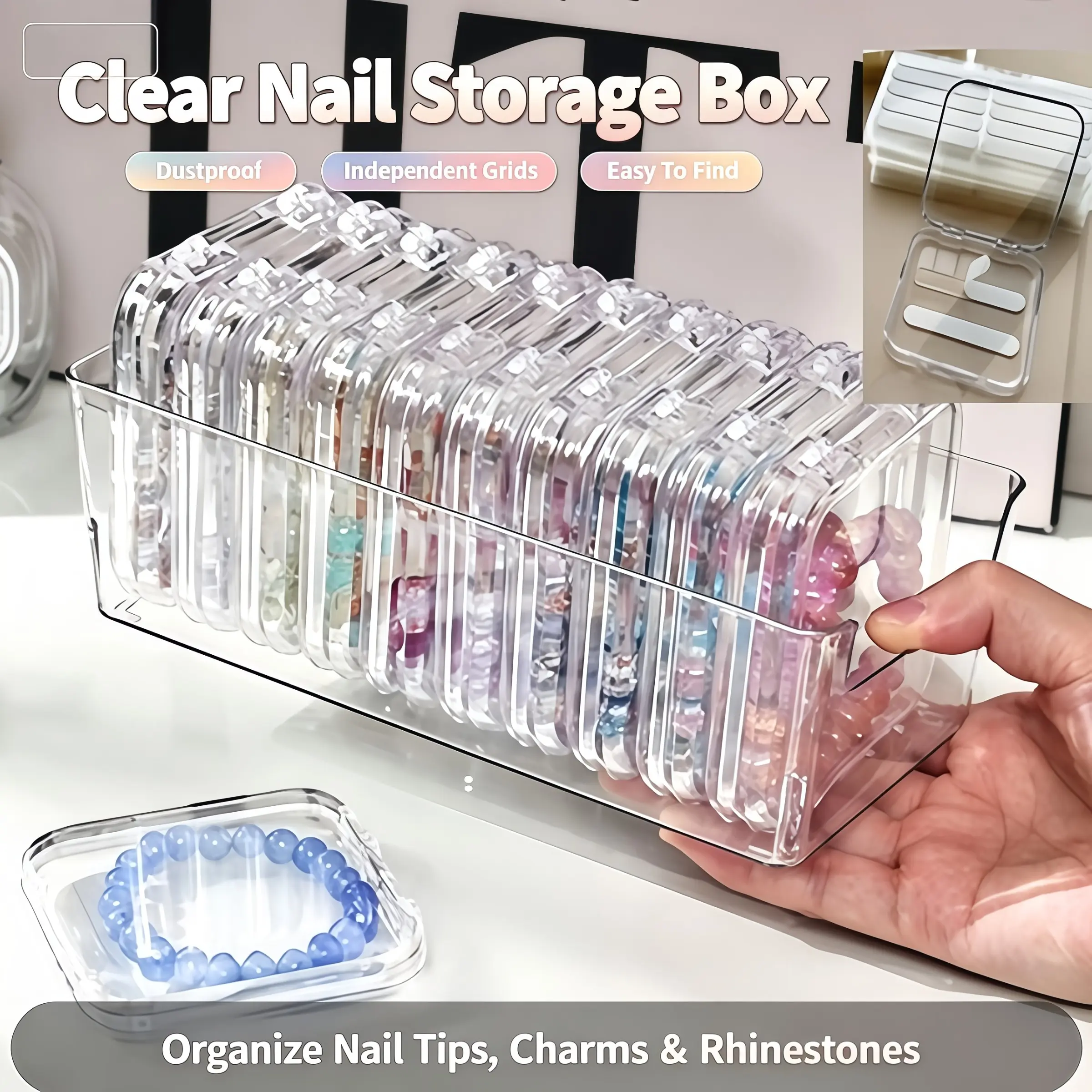 Large-Sized Clear Nail & Jewelry Storage Organizer Box, Compartmentalized Organizers, 10 Detachable Small Boxes, 20 Adhesive Strips, Minimalist Modern Style, Accessory Holder, Clear Containers