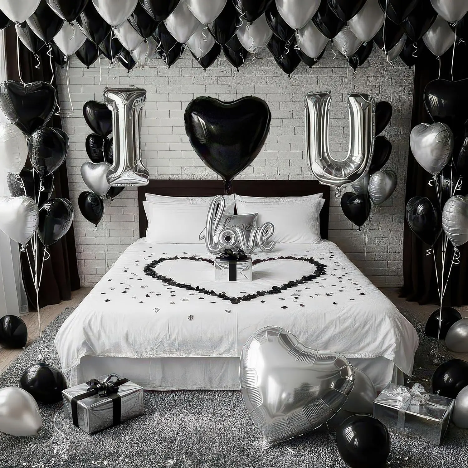 I Love You Balloons for Him/Her Balloons Black and silver romantic balloon kit with heart LOVE mylar balloons Black rose petals for hotel Dec orations Valentines Party wedding anniversary supplies Balloon Decoration