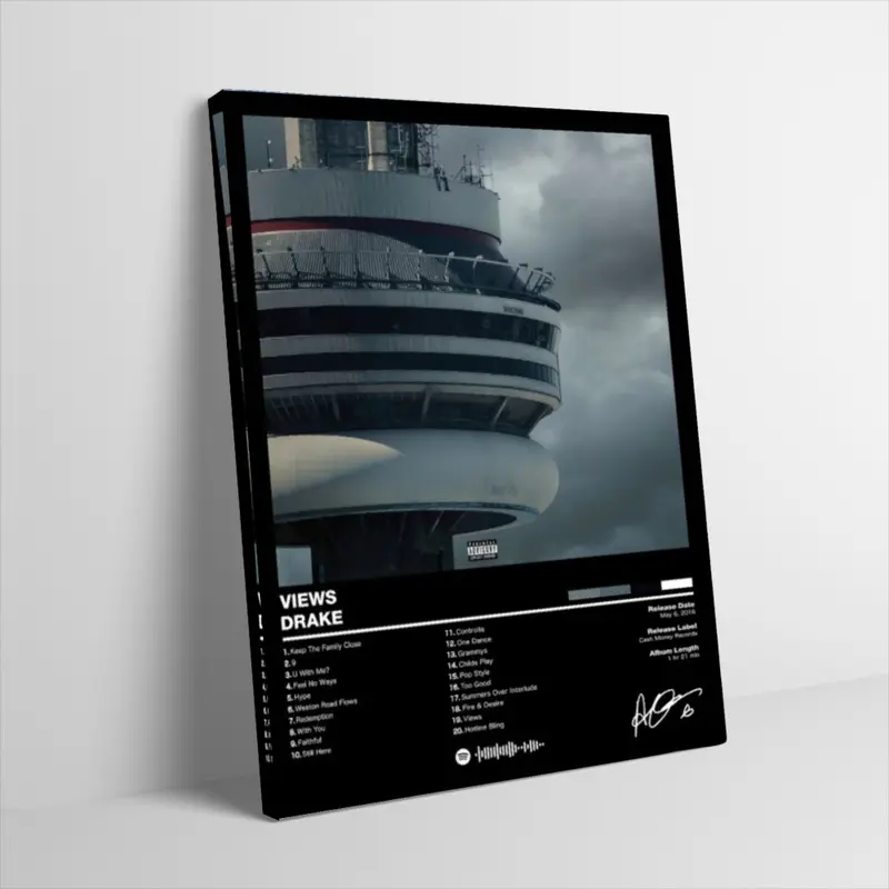 Drake Views Poster Canvas Wall Art CN Tower Toronto Clouds Landscape Album Tracklist Design Print Retro Hip Hop Rap Music Album Cover Style Wall Decor for Dorm Unframed Graphic Prints