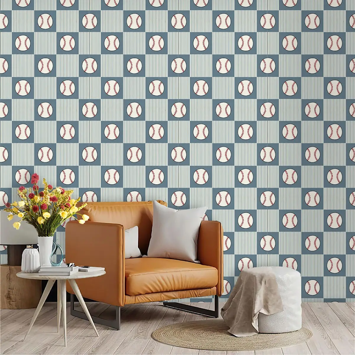 Chessboard Baseball Theme Wallpaper, Blue and, PVC Material, Self-Adhesive, Ideal for Kitchen, Living Room, Bedroom Decor