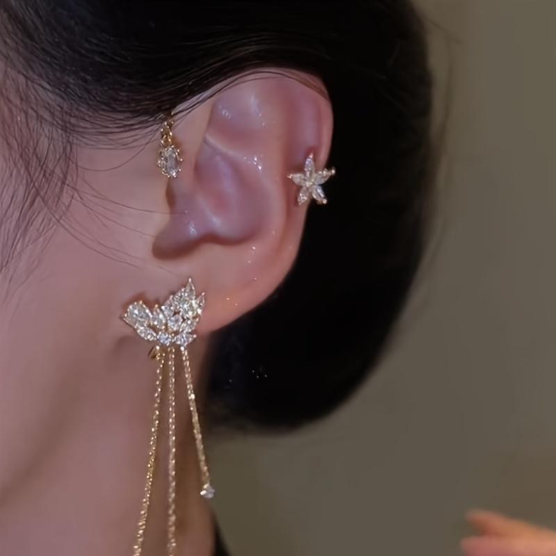 [Trendy Zirconia Tassel Ear Cuff] Shiny Butterfly Ear Cuff Earring Trendy Zirconia Inlaid Tassel Ear Wrap Earrings Elegant Ear Ornaments Jewelry Accessories for Women Tassel Ear Hooks Without Ear Holes