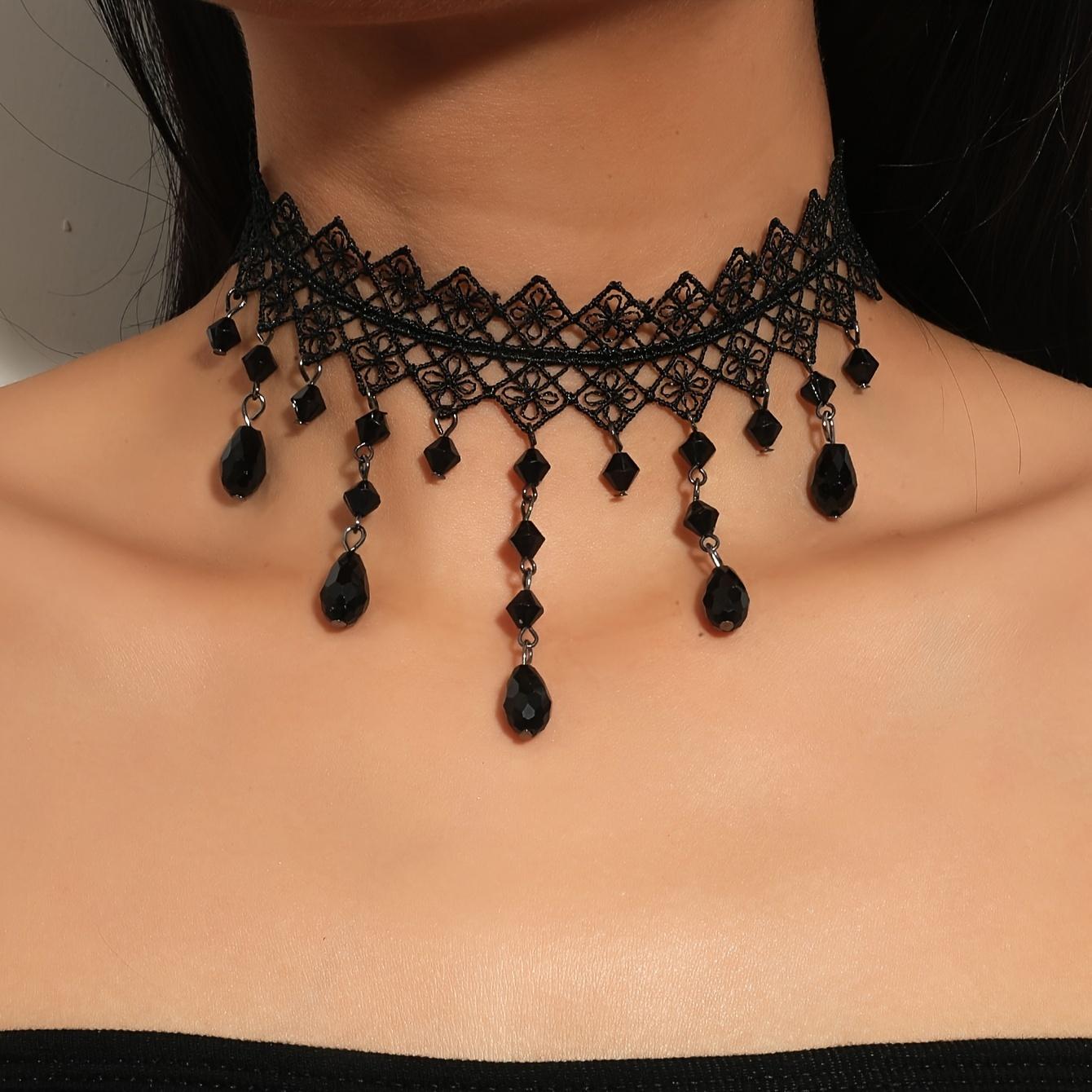 Perfect for Weddings, Parties & Halloween - Elegant Black Lace Choker with Water Drop Pendant