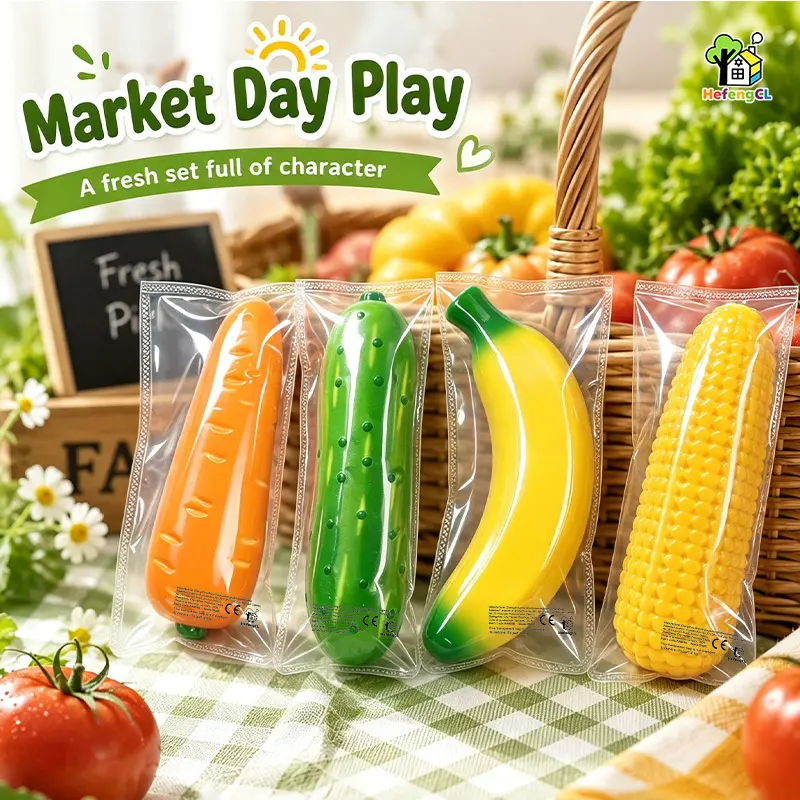 HefengCL - Cute rural fruit and vegetable themed toy, soft and slow rebound squeeze toy, 4 realistic fruits and vegetables - bananas, corn, cucumbers, carrots, random styles and colors, suitable for children's fun toys, Christmas and Halloween gifts.