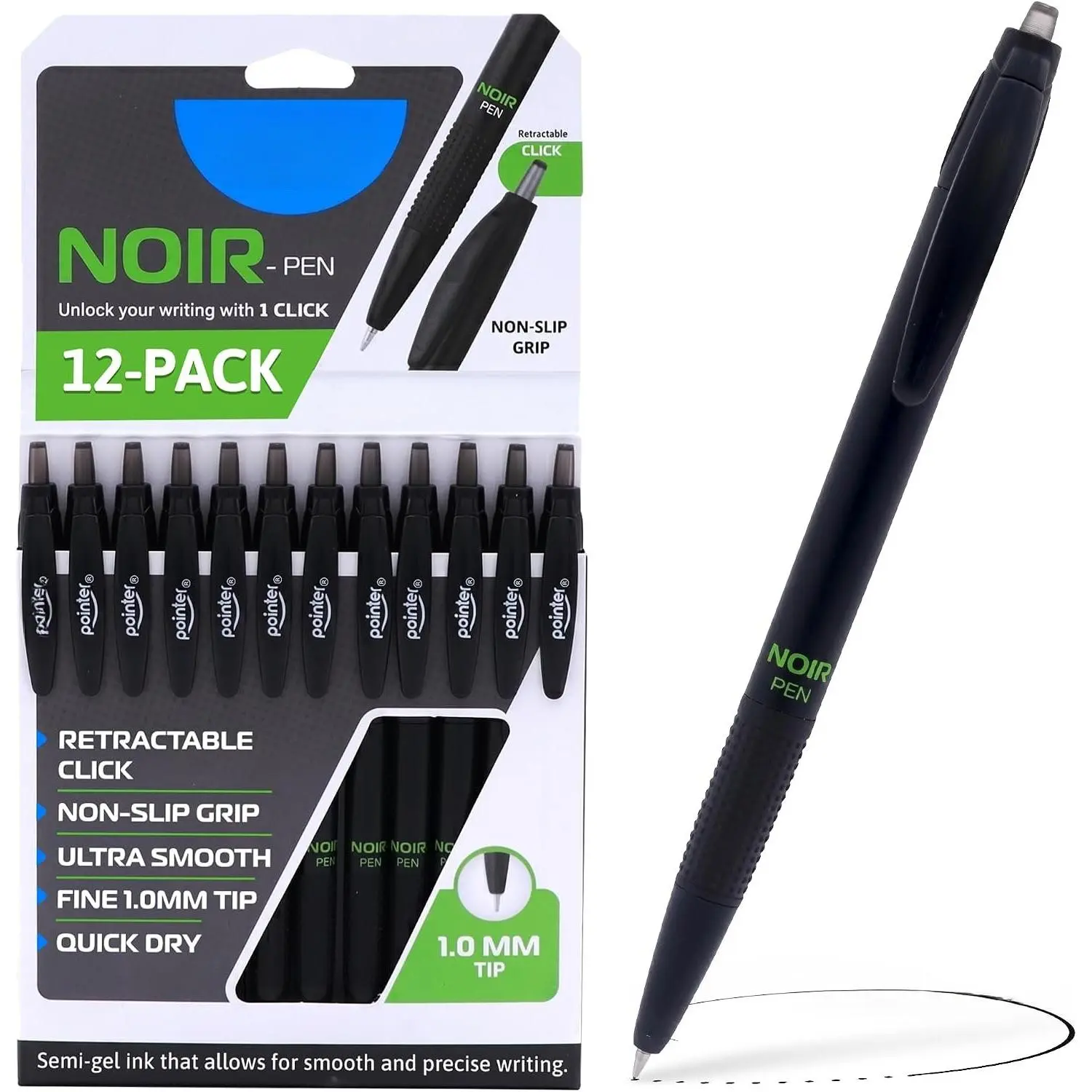 12-Pack Noir Retractable Click Pens - Fine Precision Tip, Semi-Gel Black Quick Dry Ink, Smooth Flow, Non-Slip Grip, Comfortable Long-Lasting Writing for Students & Professionals