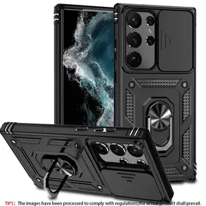 Shockproof Protective Armored Phone Case with Sliding Camera Cover and Built in Rotating Ring Bracket for Samsung S25 S24 S23 Ultra Plus, Complete Camera Protection Cover Suitable for Family Gifts, Christmas Gifts