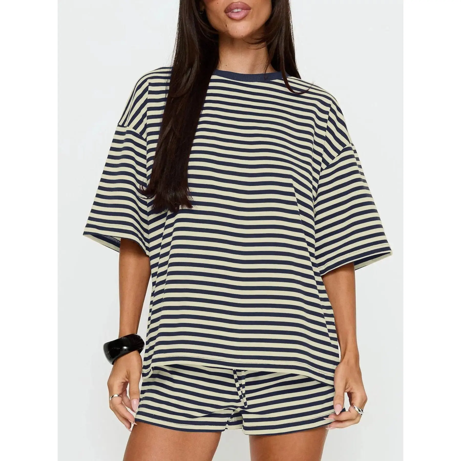Summer New Women's 2-Piece Cotton Breathable Striped Short Sleeve Shorts Set, Stripe T-Shirt with Elastic Waist Pockets, Casual Fashion Ensemble, Womenswear, Summer Loungewear Sets