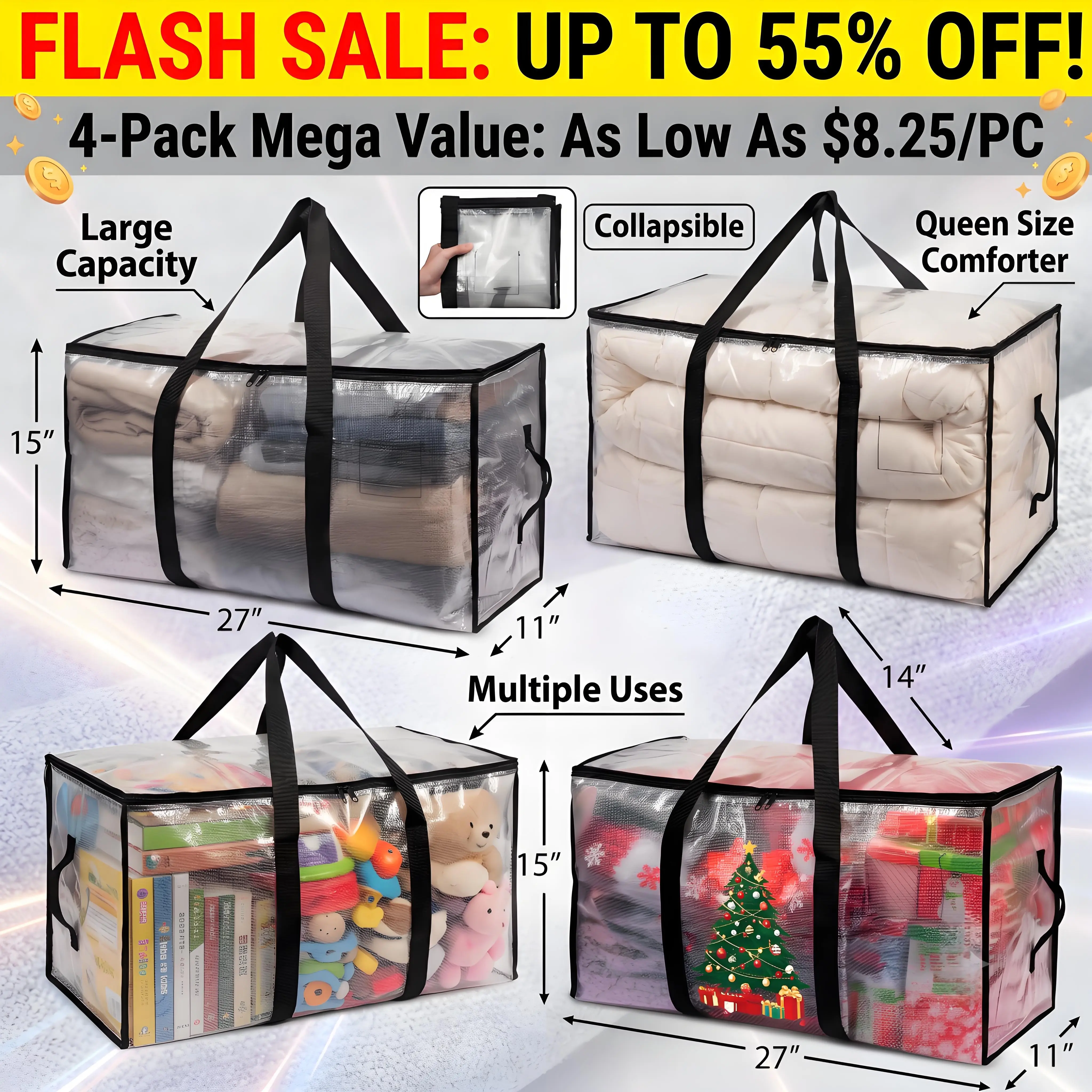 Heavy Duty Storage Bag 88L Waterproof Moving Tote with Handles Translucent Closet Organizer for Comforters Clothes Internal Frame Backpacks 1/2/3/4 Pack Space Saving Bags Fitting