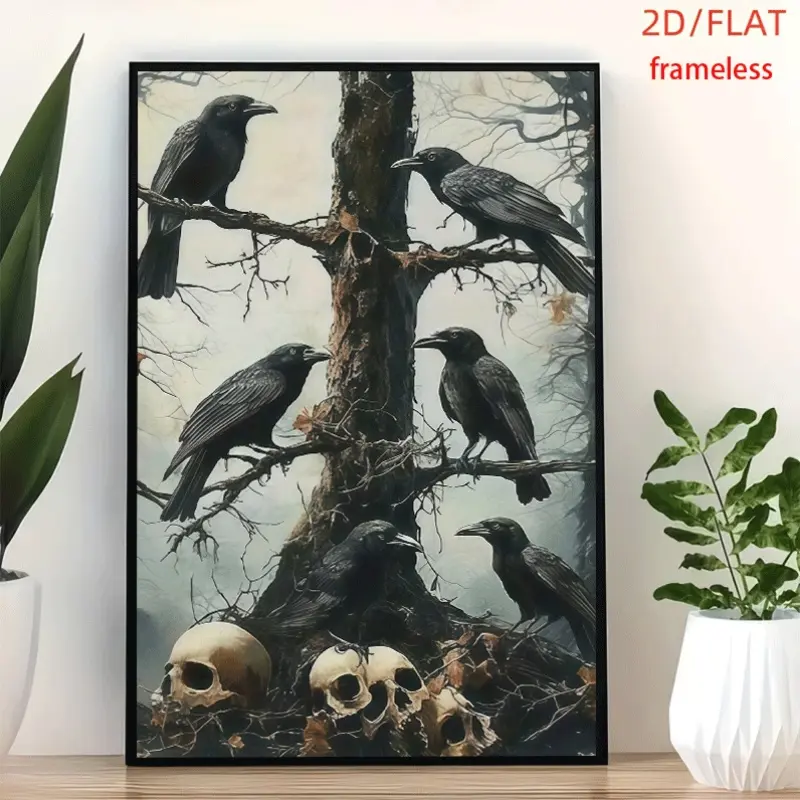 frameless Crows & Skulls Decal Art Decor Print Poster, Wall Art for Living Room, Bedroom, Office, Dining Room & Bar, Perfect Gift & Home Decor, 12in x 16in