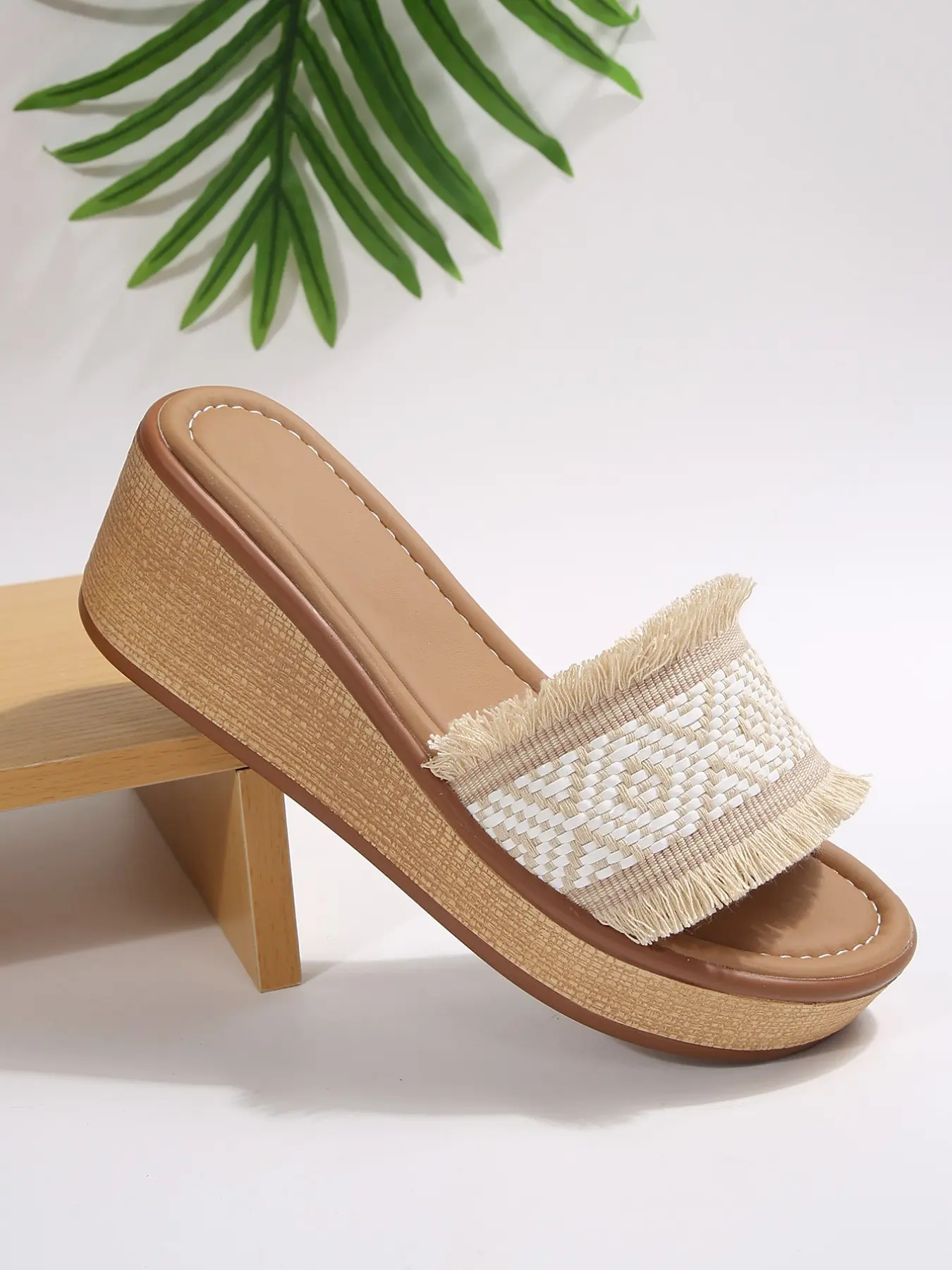Boho Style Geometric Weave Sandals, Light Wood Grain Texture, Thick Sole, Fringe Design, Women's Elegant Footwear