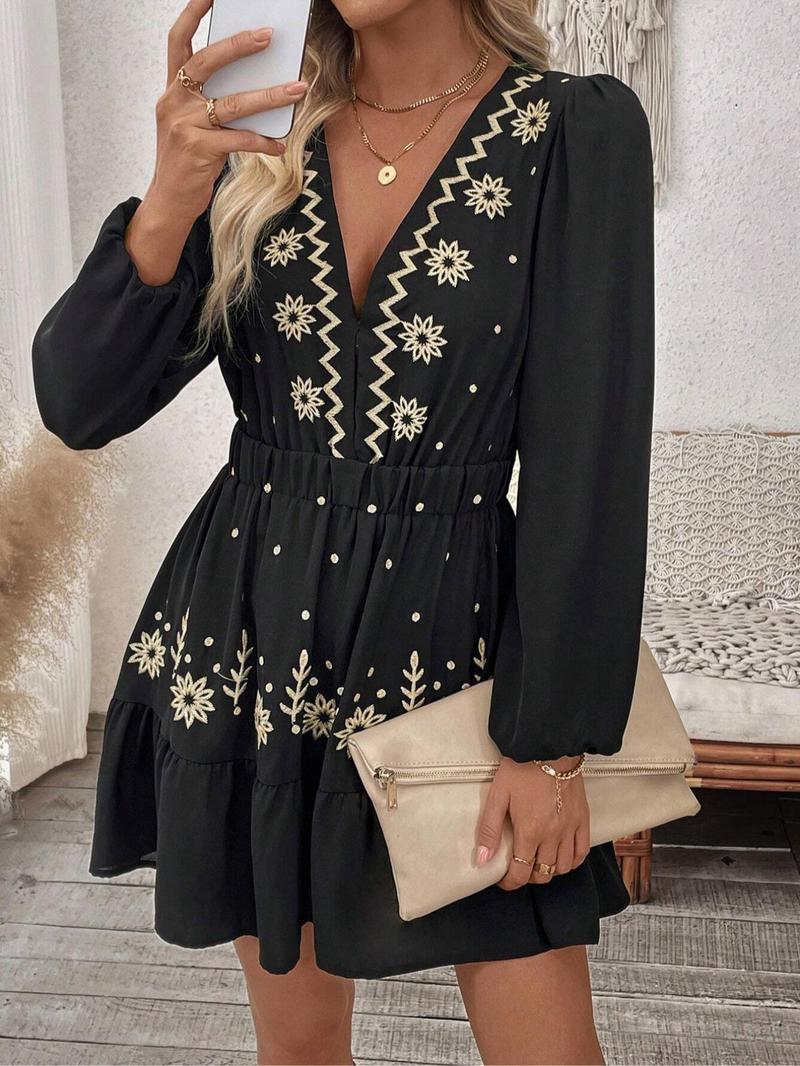 Women's Embroidered Deep V Neck Long Sleeve Dress, Full Floral Craftsmanship, Perfect Choice for Spring Summer Fall