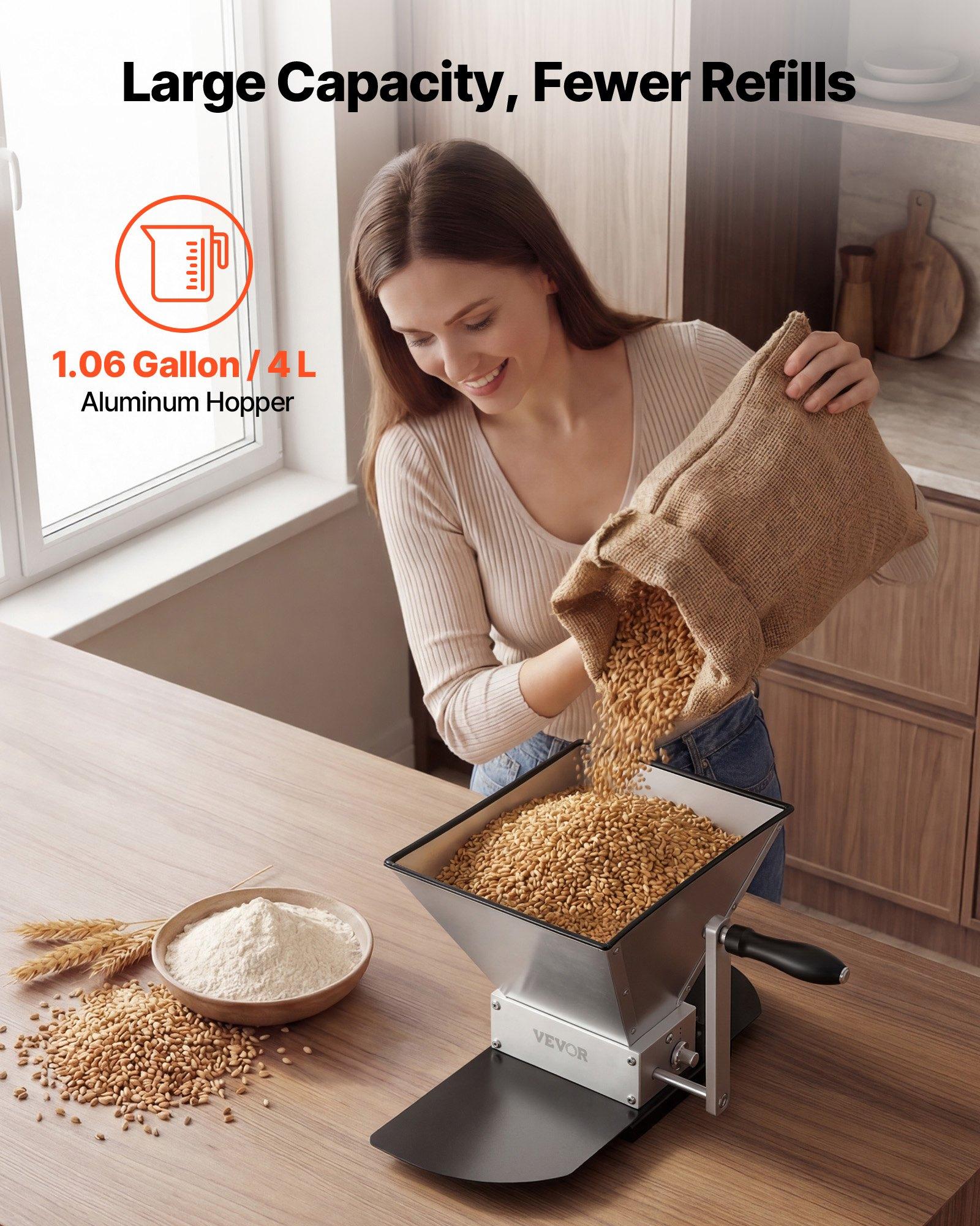 VEVOR Manual Grain Mill, Homebrew Malt Grinder, Adjustable Barley Mill Crusher for Wheat Beer Brewing - with 2 Stainless Steel Rollers, 1.06 Gallon Hopper & Metal Base Plate