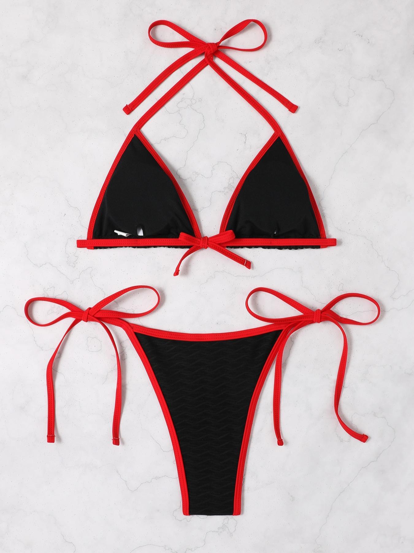 Two-Piece Set Women's Boho Contrast Binding Bikini Swimsuit, Halter Neck Tie Back Triangle Swim Bra & Tie Side Swim Bottom, Gothic Bikini, Tie Back Bikinis, Back To School Ladies Summer Swimwear for Beach Holiday Vacation Two-Piece Set Women's Boho Contrast Binding Bikini Swimsuit, Halter Neck Tie Back Triangle Swim Bra & Tie Side Swim Bottom, Gothic Bikini, Tie Back Bikinis, Back To School Ladies Summer Swimwear for Beach Holiday Vacation