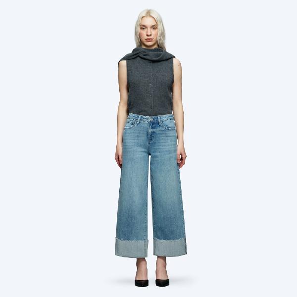 High Waisted Wide Leg Jeans for Women, Vintage Washed Denim with Cuffed Raw Hem, Casual Loose Streetwear