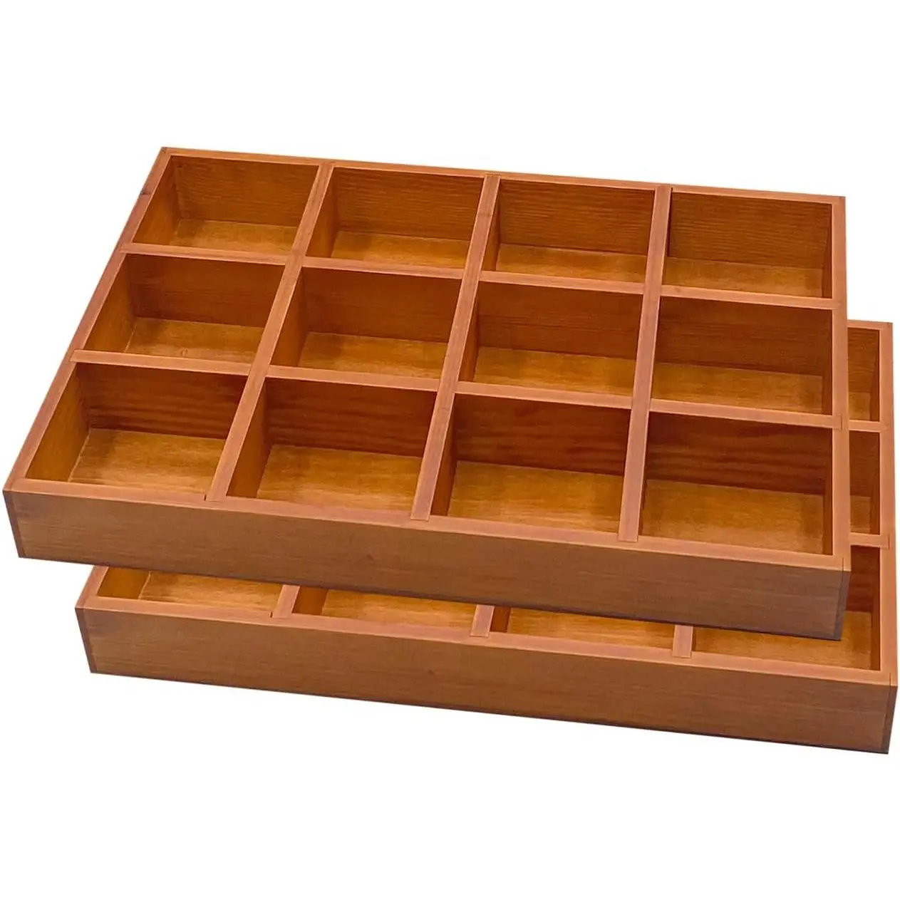 2 Pack Wooden Sorting Tray Grid Display Wood Divided Organizer Brown finished Section Box (12 Compartments,12.9 x 9.1 x 1.55 Inch Each Tray)