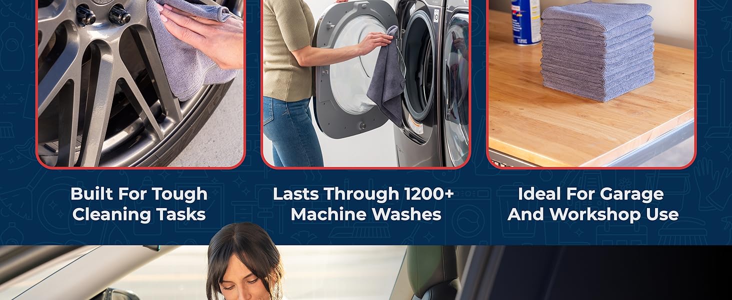 Microfiber Cleaning Cloths (12.5"x12.5") - Premium 1200 Washes Reusable Towels - Ultra Absorbent Lint Free for Car Wash, Detailing, Glass, Mirror & Kitchen - Streak Free Shine