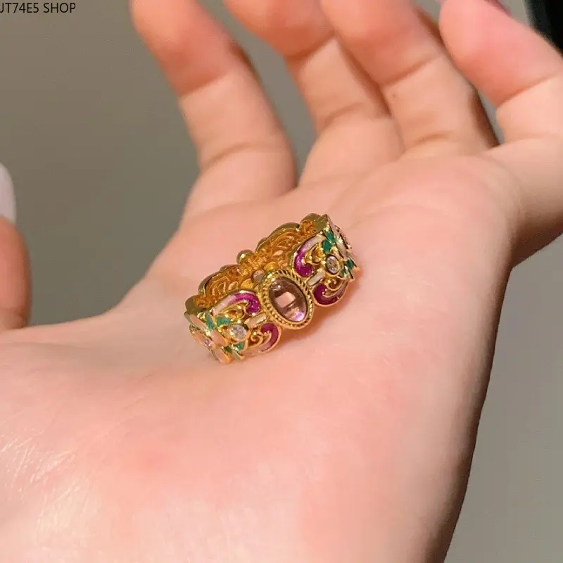 New Chinese Style Purple Chalcedony Floral Ring, Enamel Epoxy Inlaid Rhinestone Elegant National Trend Finger Jewelry