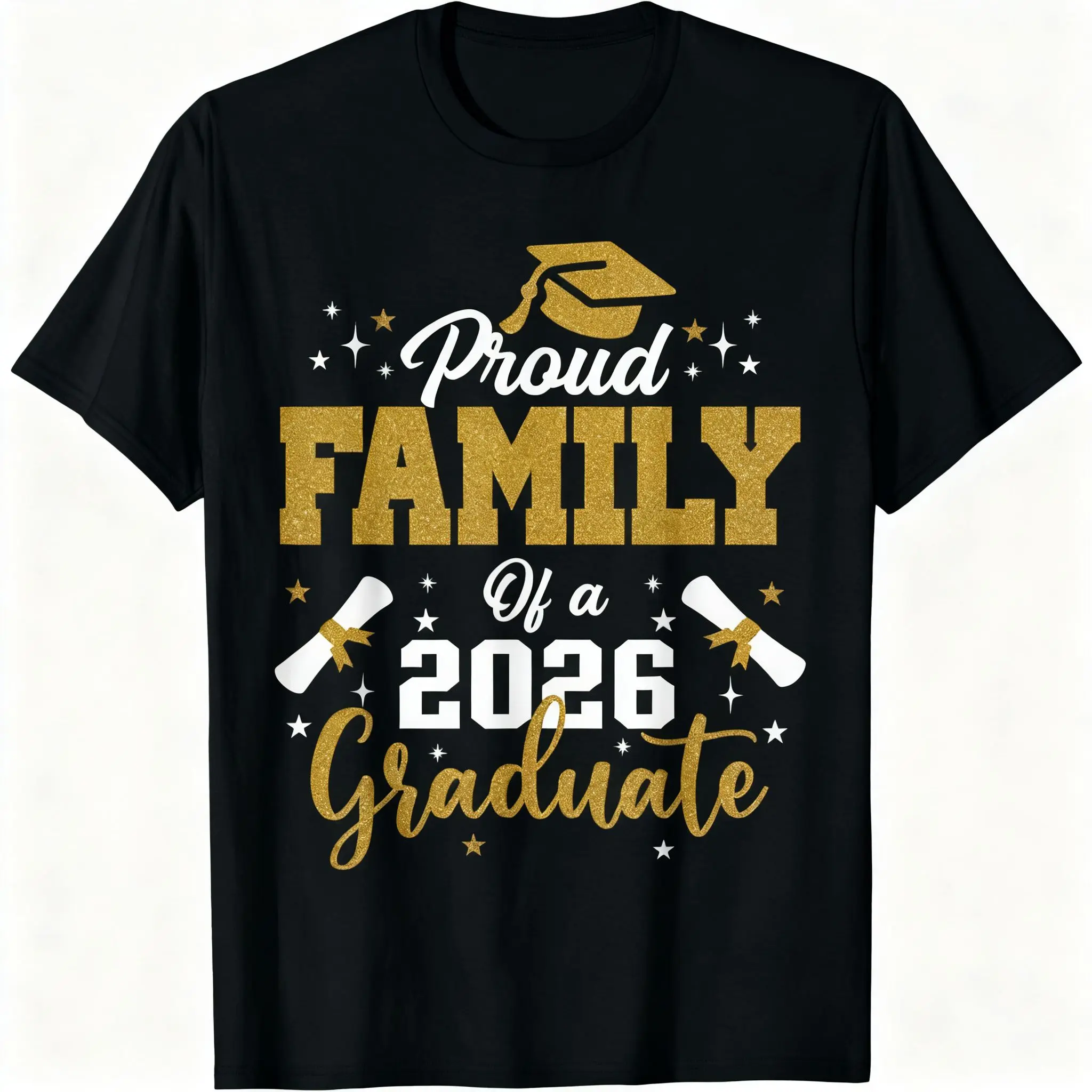 Proud Family Of A 2026 Graduate Matching Crew T-Shirt, Gold Grad Cap Diploma Star Graphic Group Outfit, Standard US Sizes S-5XL For Graduation Photos, Commencement Ceremonies & Grad Party Celebrations