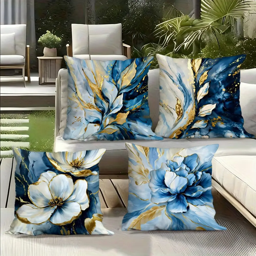 Modern Luxury Pillow Covers Set of 4, Blue Gold Floral Abstract Art, Elegant Home Decor Bedroom Decorative Accessories for Sofa Bed Outdoor, No Embroidery Included