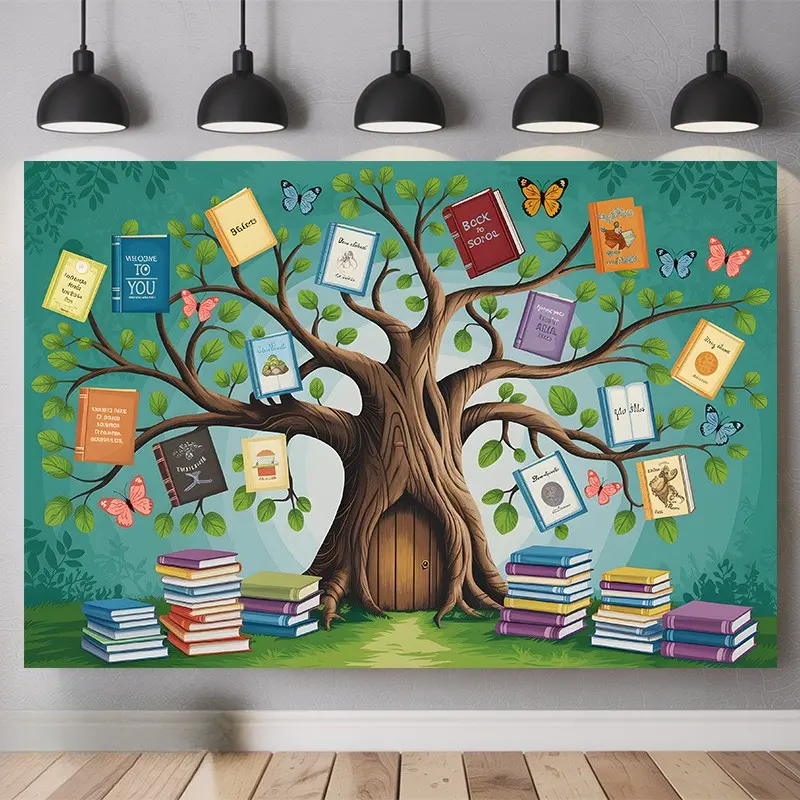Book Tree School Backdrop Banner, Reading Theme Classroom Decoration with Colorful Books Design for Photography, Libraries, Parties, Home Decor and Events