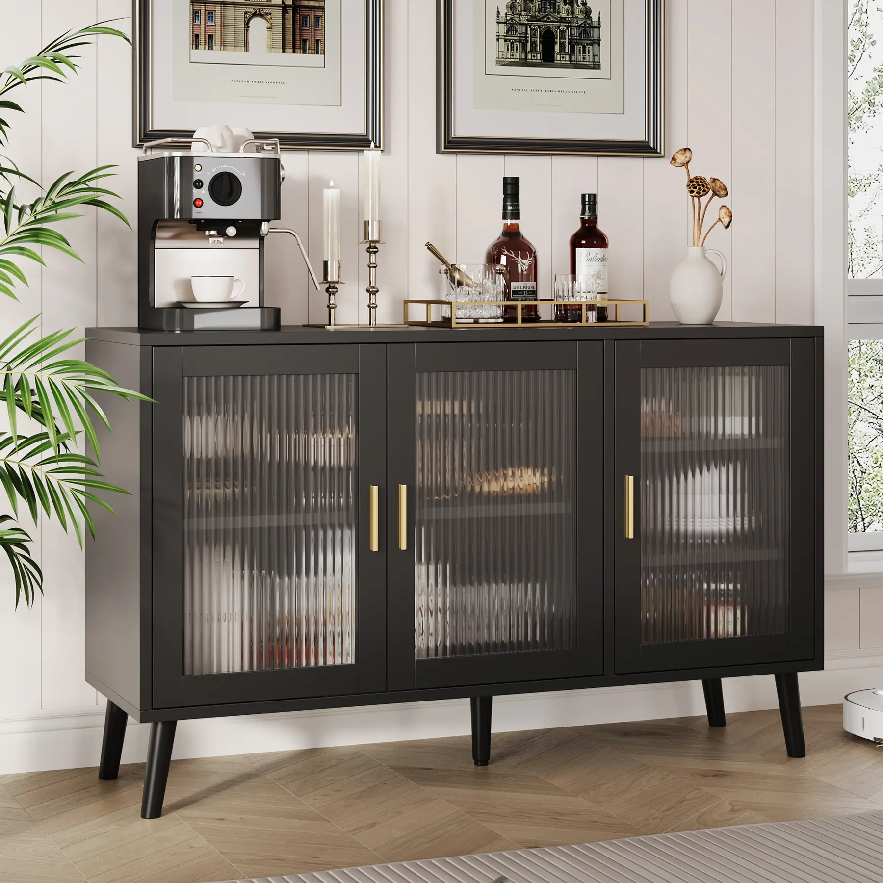 48 in Large Sideboard Cabinet with 3 Fluted Glass Doors, Black Cabinet for Kitchen, Dinning Room, Hallway, Living Room