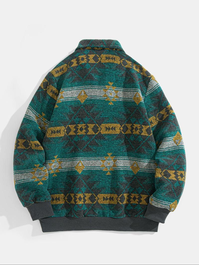 Men's Ethnic Pattern Half-Zip Mock Neck Jacket, Loose Casual Long Sleeve Zip Front Outerwear for Winter, Men's Winter Clothes for Daily Wear