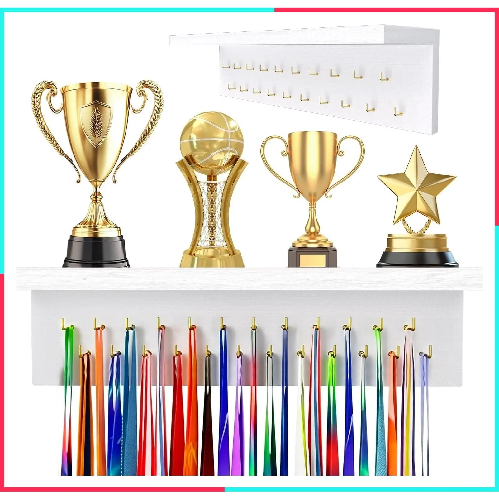 Wooden Medal Hanger Display with Trophy Shelf - 19 Hooks Wall Mount Medal Holder for Gymnastics, Soccer, Running Awards