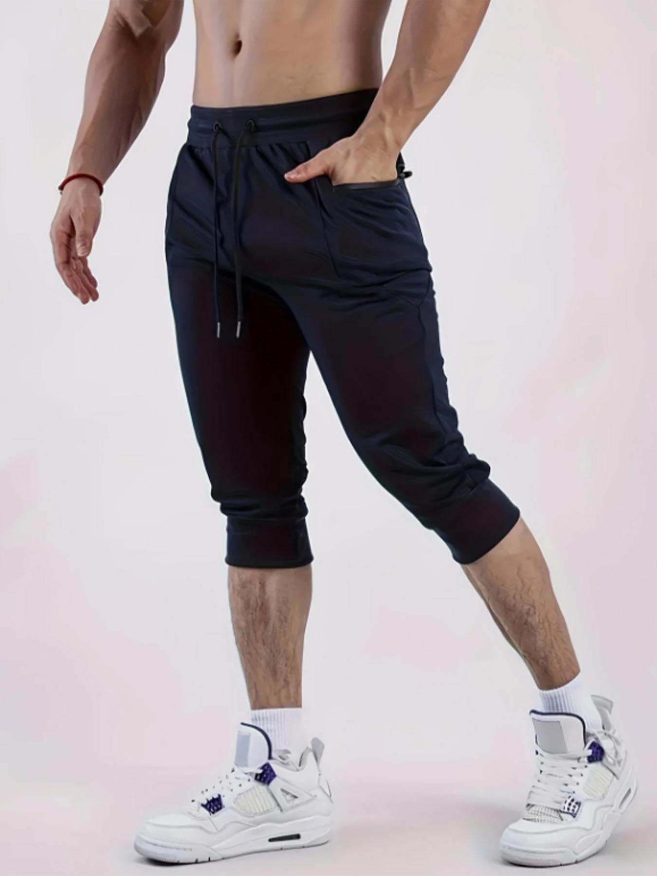 Men's Solid Color Capri Jogger Pants, Casual Comfy Breathable Pants for Gym Workout Running, Men's Bottoms for Daily Wear, Casual Comfy Joggers, Jogger Sweatpants