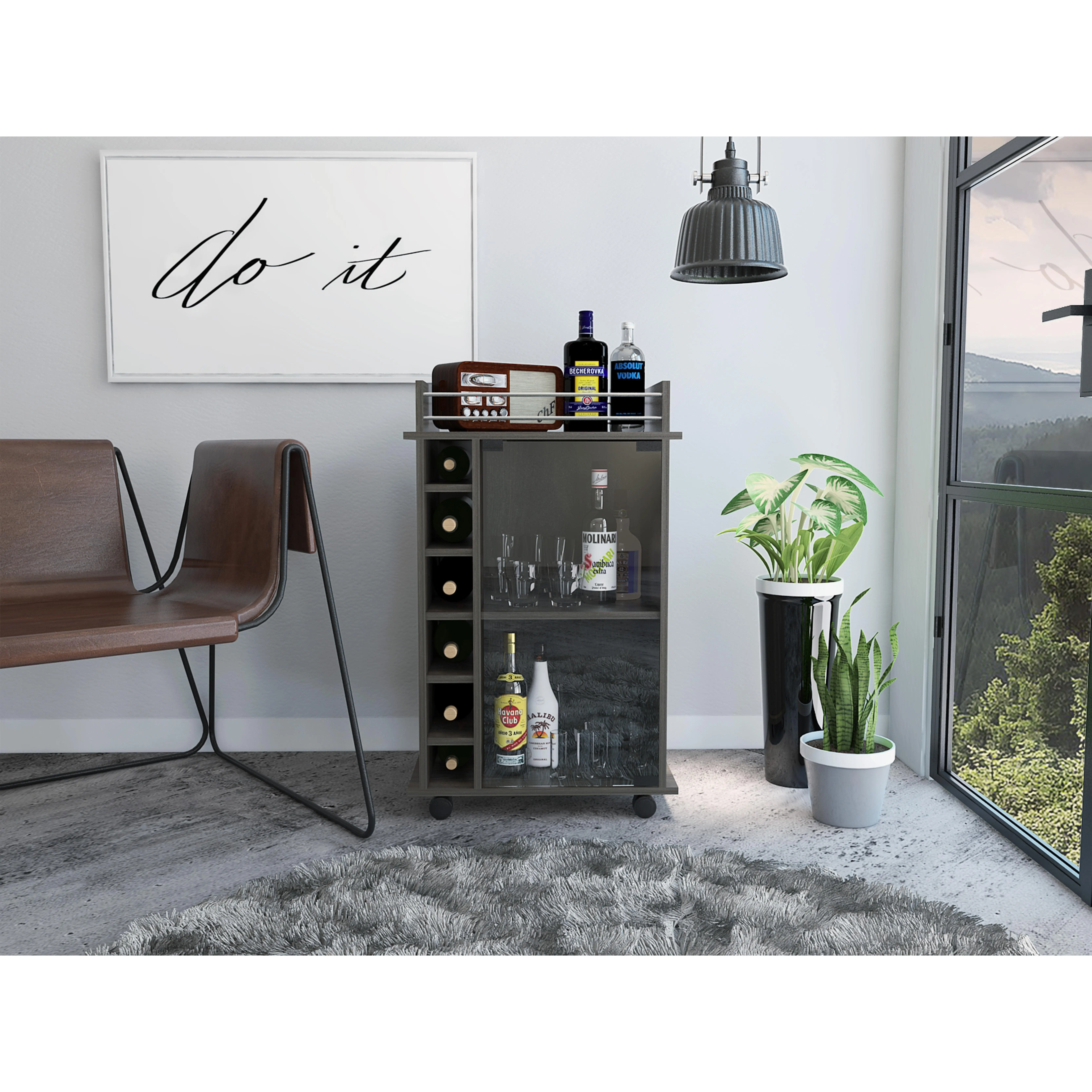 Nokaa Bar Cart with Glass Door Cabinet and 6 Cubbies, Two-Tier Rolling Liquor Cart with Lockable Wheels, Gray Particle Board Modern Storage Cart for Dining Room, Home Bar, Coffee Station, 21.6"W x 16.3"D x 35"H