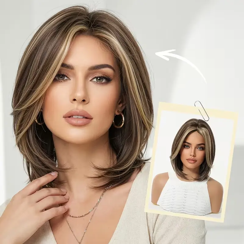 10 Inch Chestnut Brown Highlight Layer Bob Wig| Side Part Natural Fluffy Haircut, Soft Rose Net Heat Resistant Wig, Beginner Friendly for Daily Commute & Elegant Daily Look