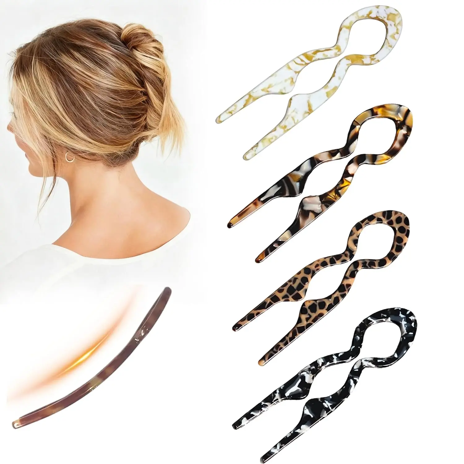 4 PCS French Hair Pins for Women - 3.73” Tortoise Shell Hair Pin for Updos Chignons & Buns-Acetate French Twist Pin, Strong Hold Hair Clips All-Day, Hair Styling for Thick Hair