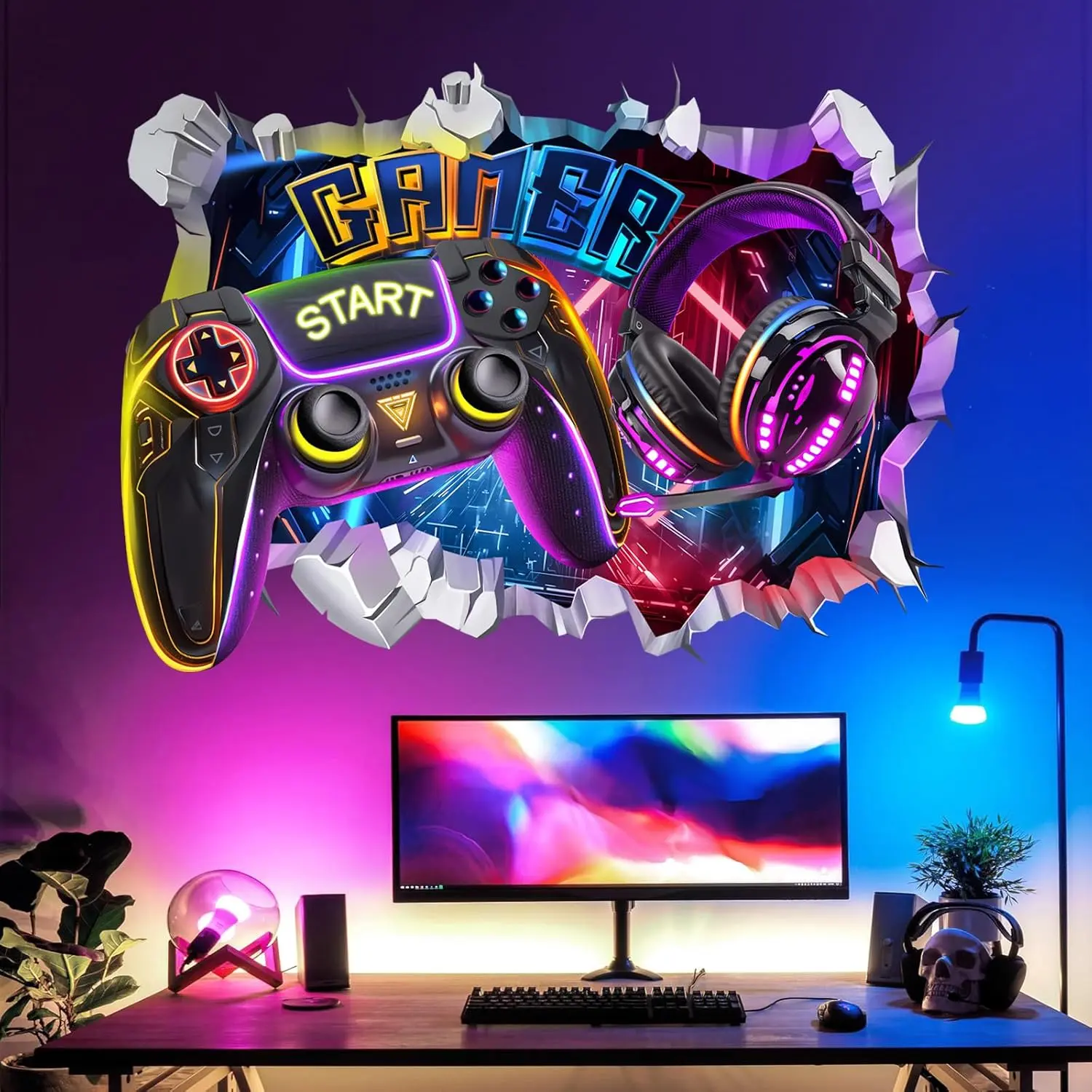 Large 3D Game Wall Decals Gamer Controller Video Gaming Joystick Wall Stickers Teenagers Boy Bedroom Playroom Wall Decor