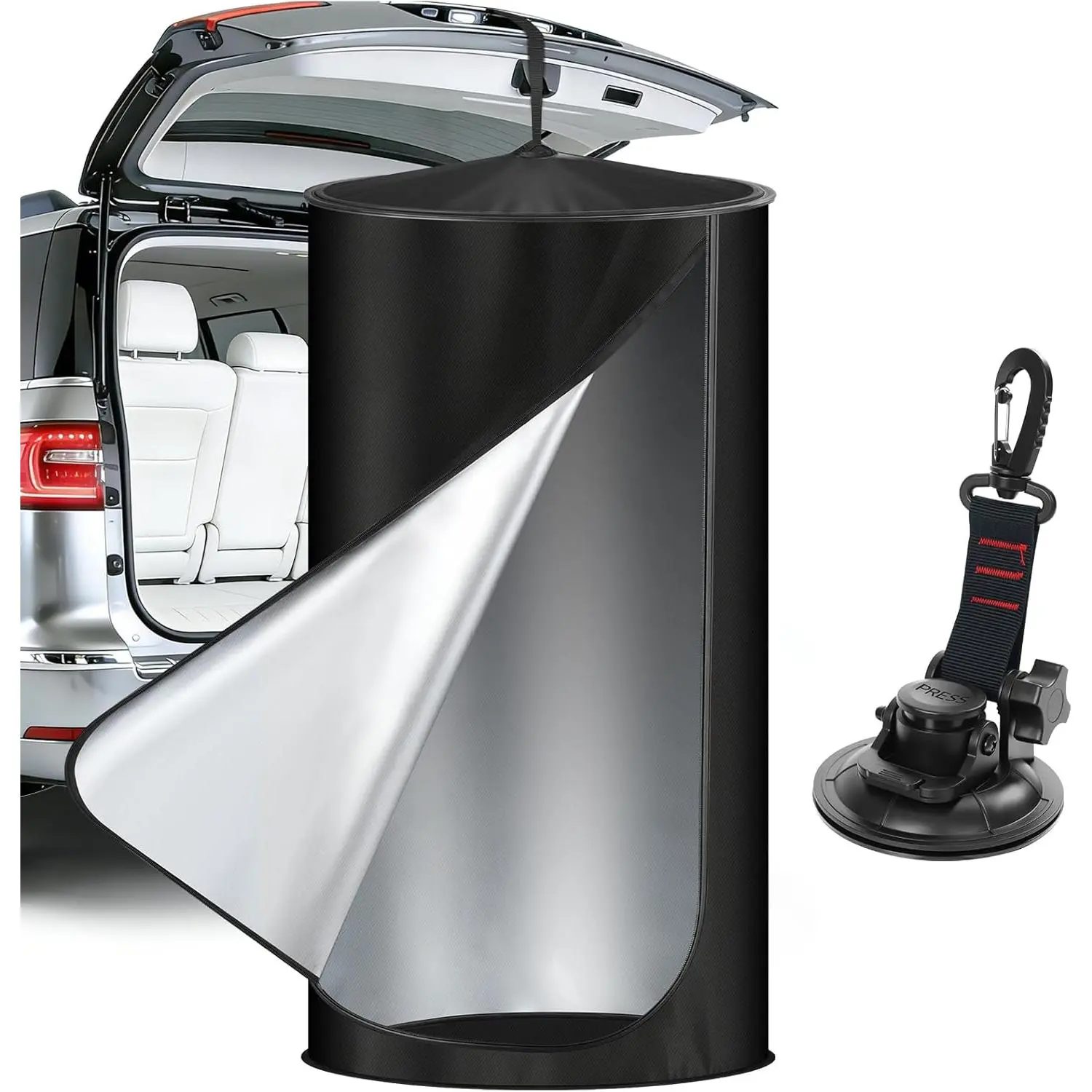 Pop Up Privacy Tent for Car, 69in Portable Camping Shower Tent with Liftgate Suction Pod and Hanging Straps, 210D Silver Coating Outdoor Instant Bathroom Toilet Tents with Carry Bag