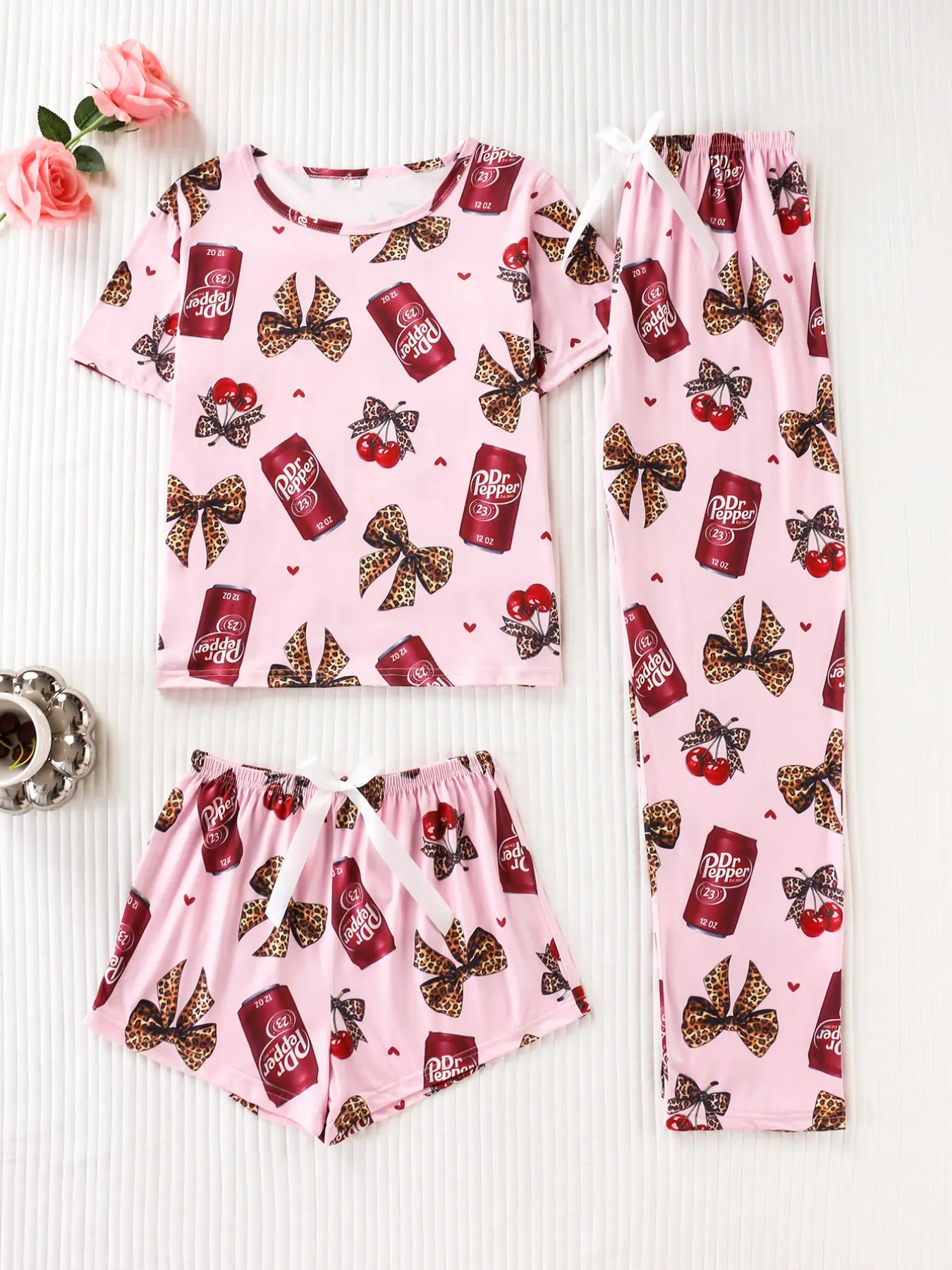 Three-Piece Pajama Set Pjs for Women, Full-Print Dr Pepper Beverage Design, Casual Loose-Fitting Breathable Sleepwear Loungewear, All Seasons Comfort