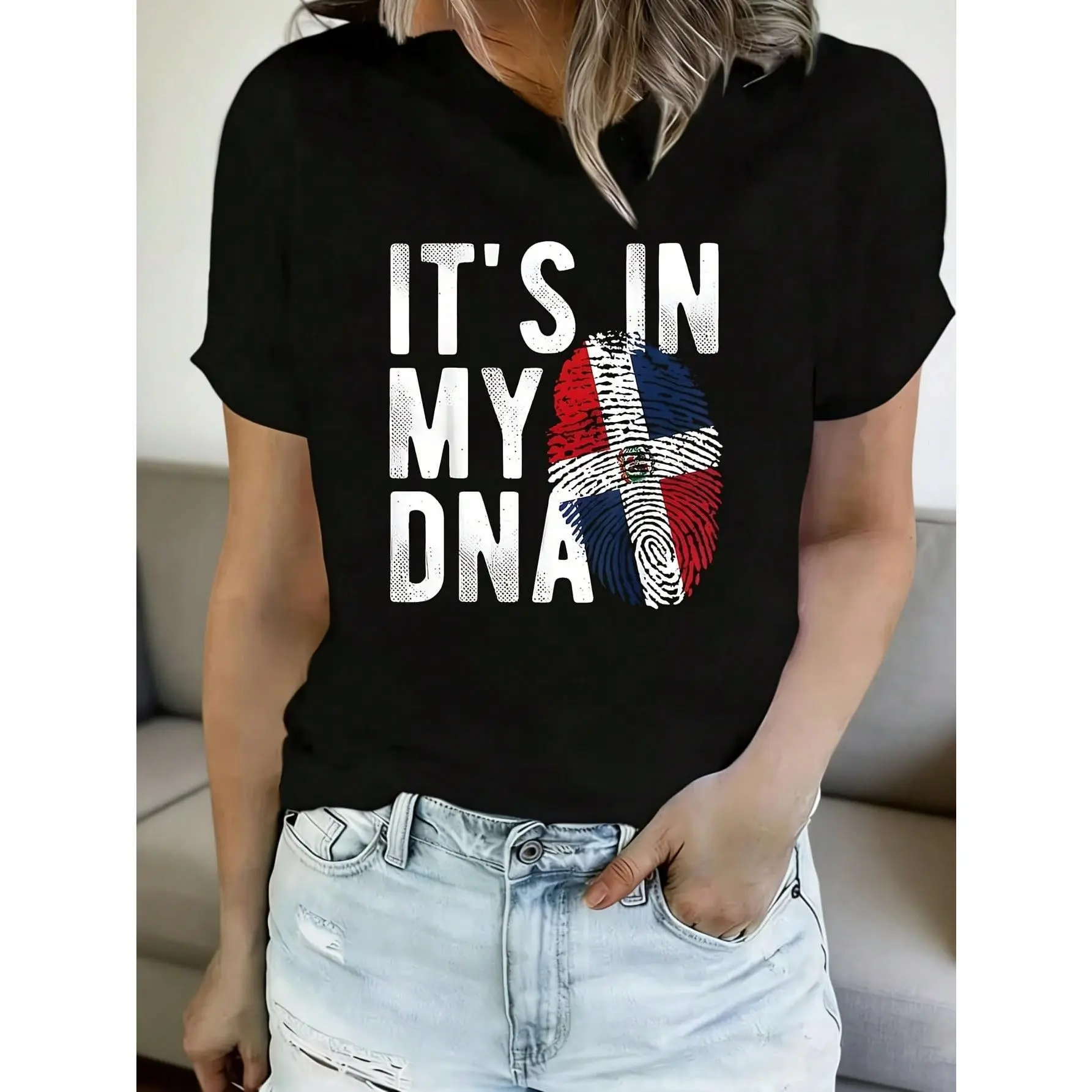 Women's Plus Size Short Sleeve Round Neck Tee Tops - 'It's In My DNA' Dominican Republic Graphic Print, Polyester Knitted Fabric, Casual Fit, 1-Piece Soft Daywear