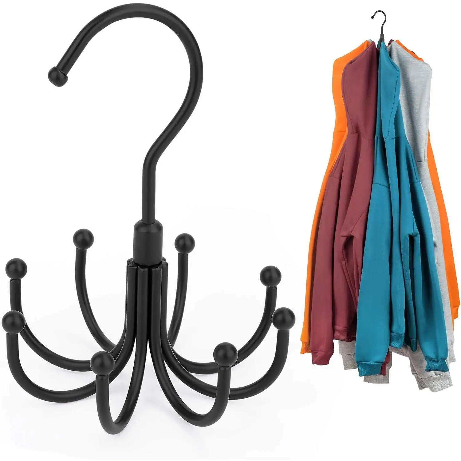 Hoodie Hangers, Rotatable Hoodie Organzier for Closet, Max 8 Storage Capacity Hoodies Holder, Metal Space Saving Closet Organizers and Storage, Black