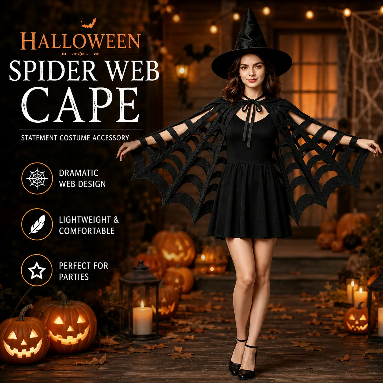 Halloween Spider Web Cape for Women, Black Witch Costume Cape, Lightweight Tie Neck Bat Wing Cloak, Gothic Vampire Costume Accessory for Halloween Party, Cosplay, Trick or Treat, Masquerade, Photo Shoot, Adult One Size Halloween Fun Dress Up Outfit