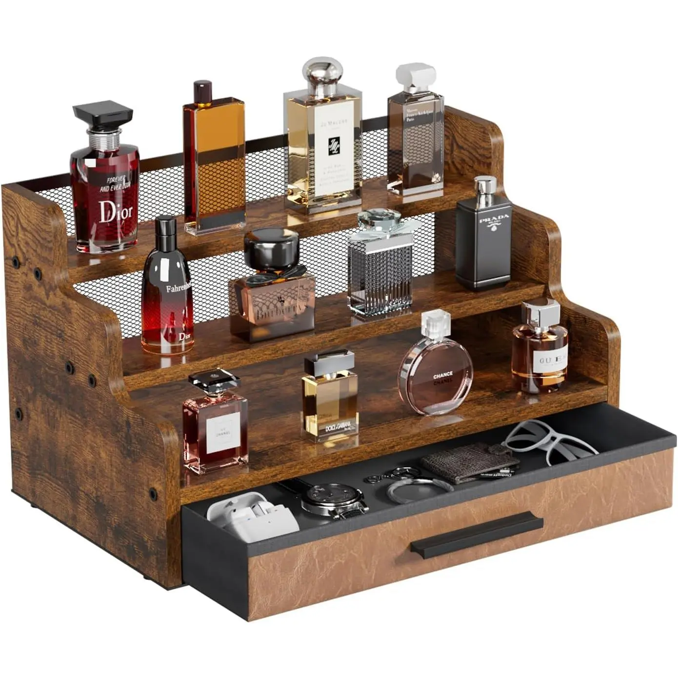 3 Tier Cologne Stand with Drawer, Wooden Cologne Organizer for Men/Women, Retro Perfume Stand Organizers, Display Riser Shelf Holder for Skincare and Makeup Organizers, Rustic Brown