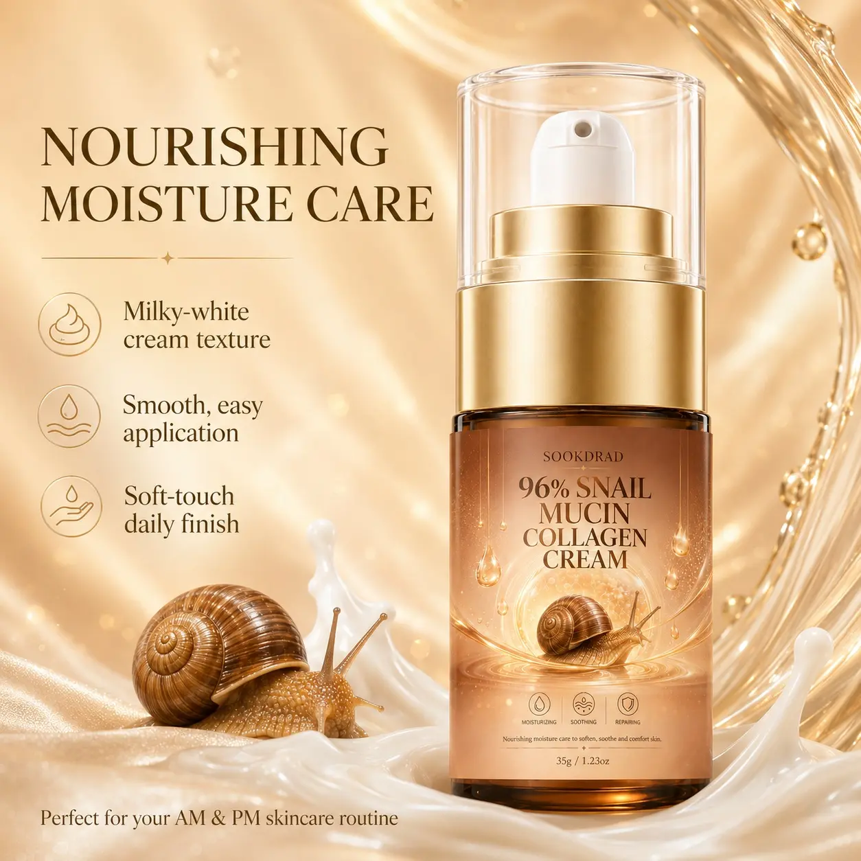 snail mucin collagen cream, 96% snail mucin, collagen, moisturizing, soothing, repairing, facial care, all skin types, daily skincare, 35g/1.23oz